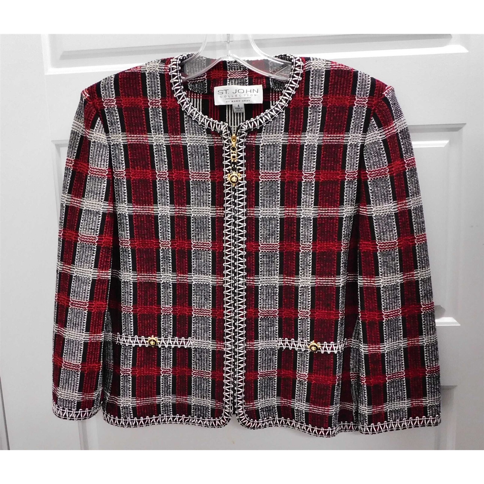St John Collection Black Red White Plaid Knit Zip Jacket USA sz 4