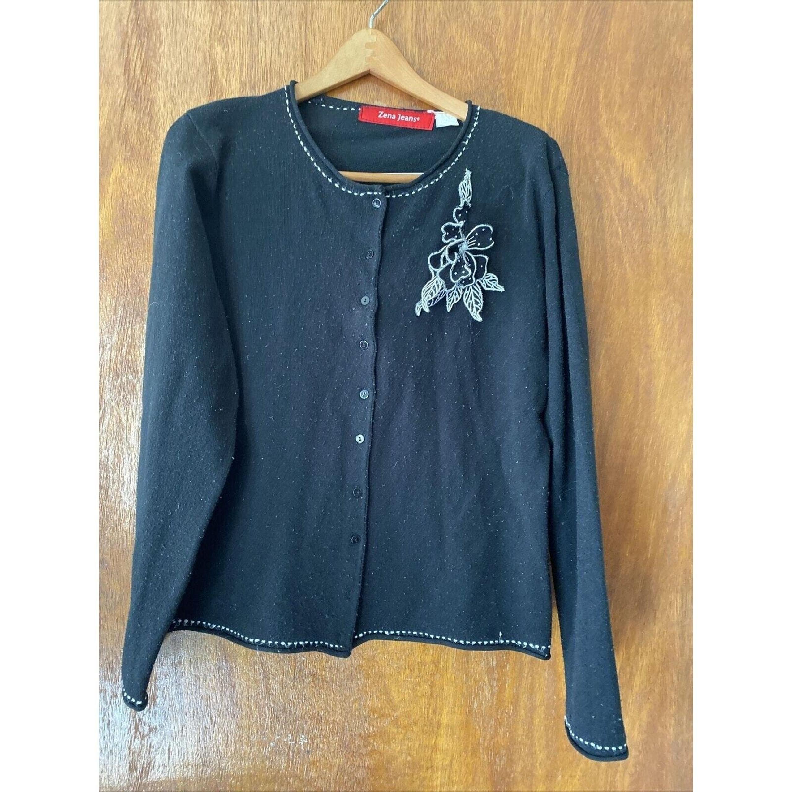 Zena Jeans Black Sweater Cardigan Embellished With White Size Large Free Ship