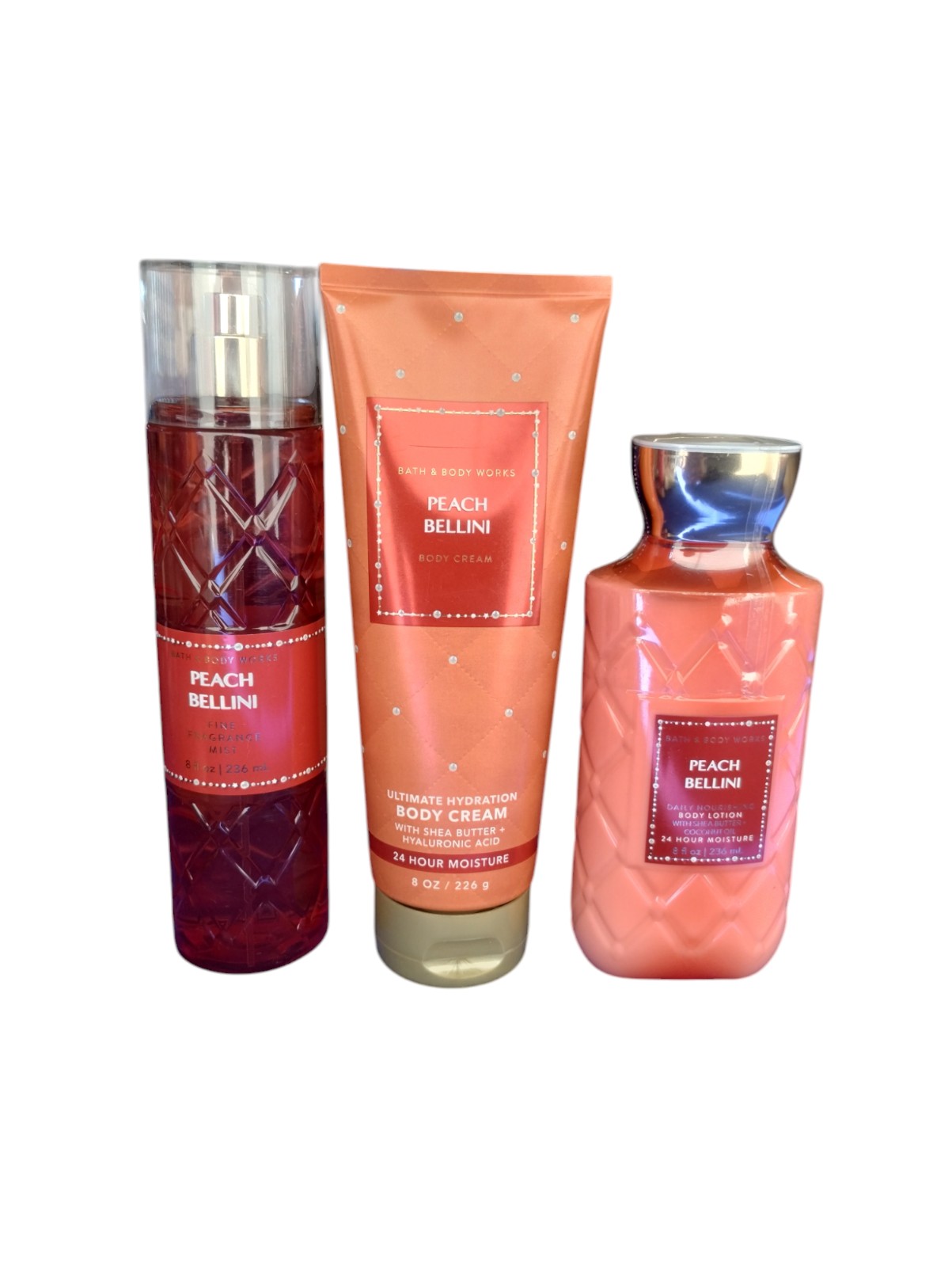 Bath and Body Works DISCONTINUED 3pcs PEACH BELLINI Mist, Cream, & Lotion