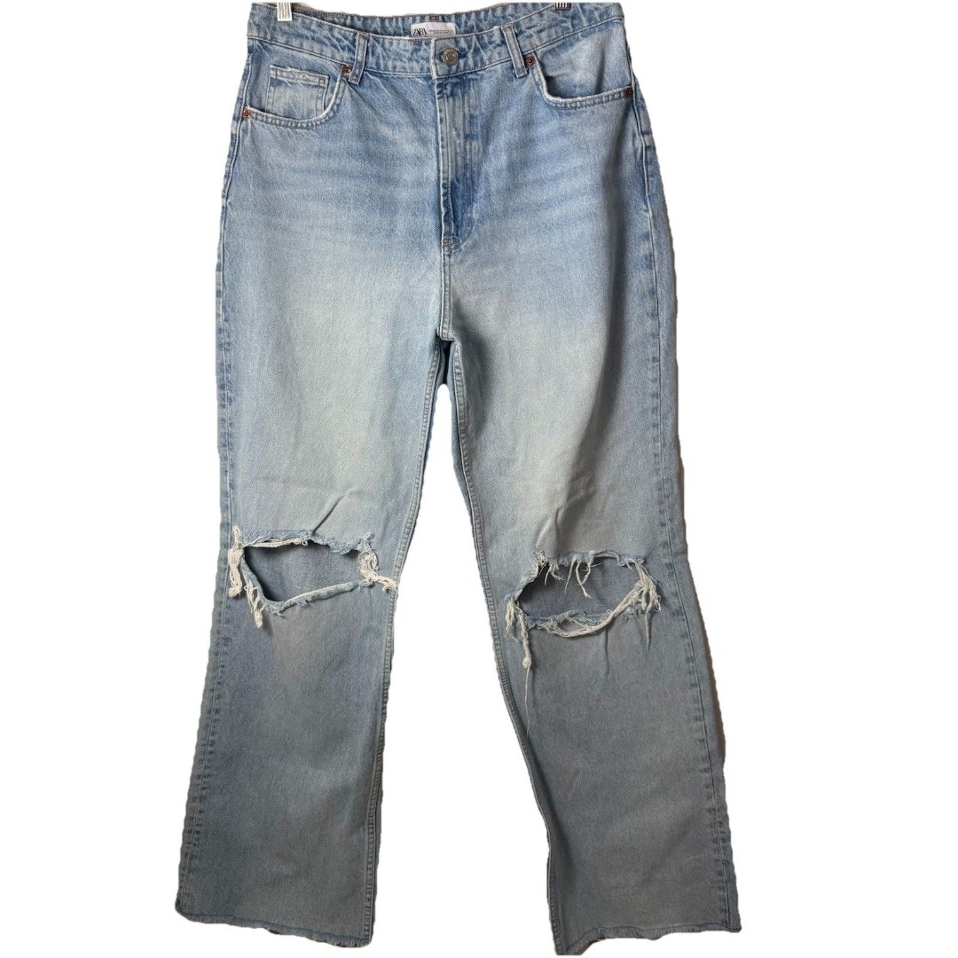 Zara Jeans Womens 14 Light Wash Wide Leg Hi Rise Distressed Raw Hem Baggy Casual