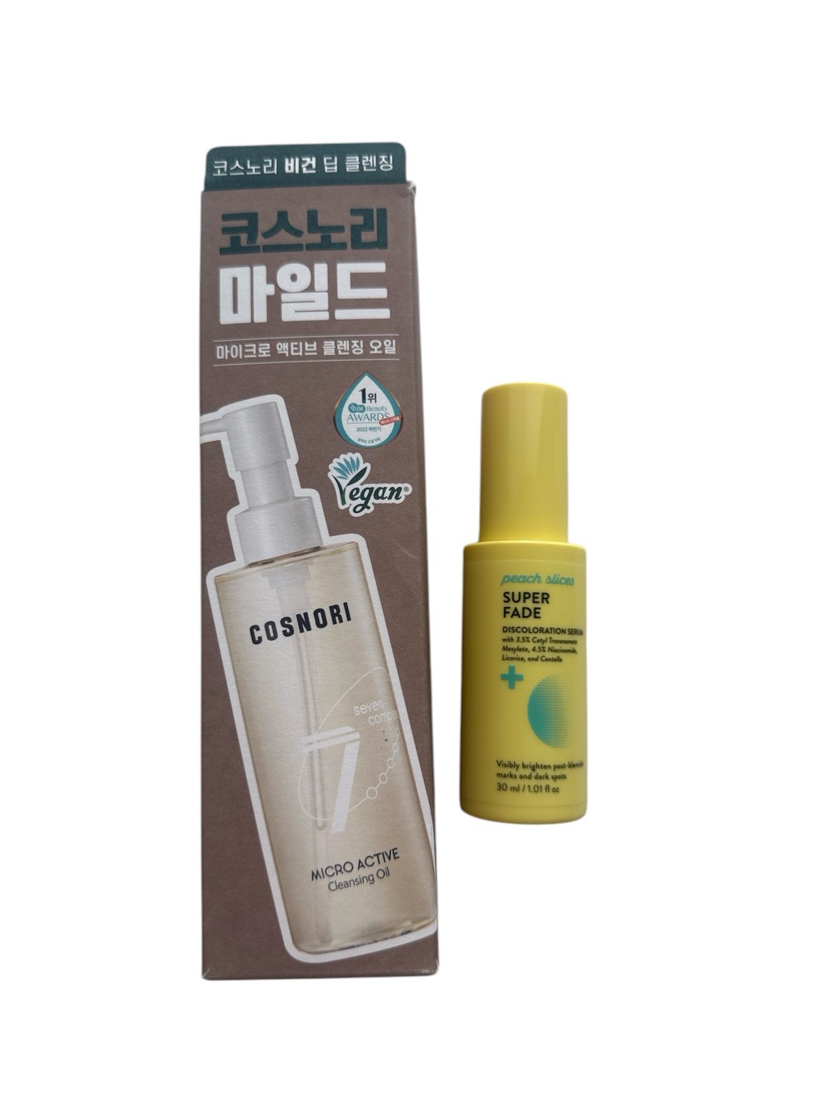 Cosnori Micro Active Cleansing Oil + Peach slices Discoloration Serum.