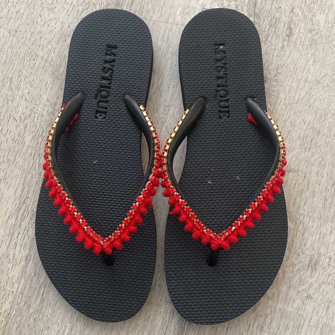 Anthro Mystique Red Pom and Gem Sandals