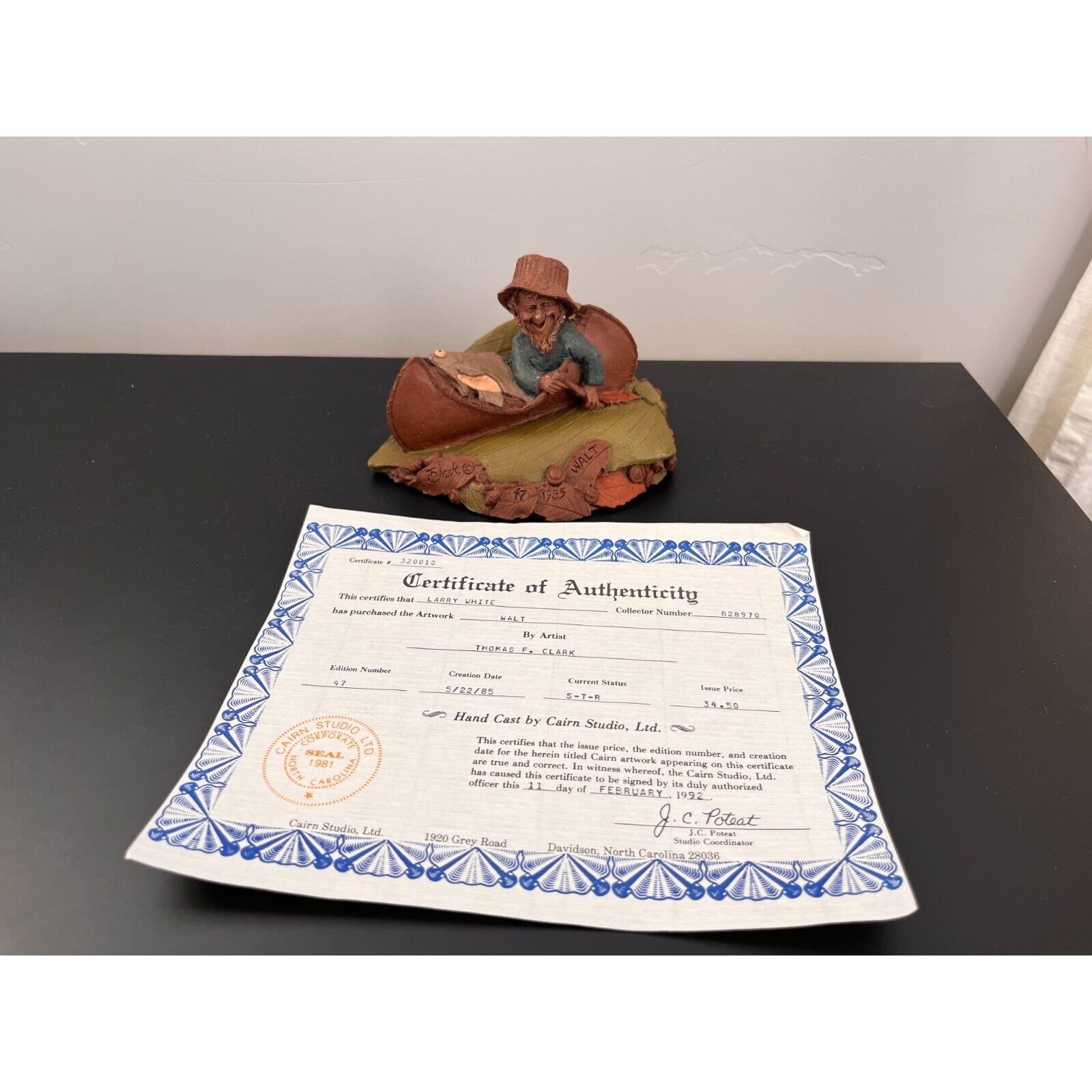 Tom Clark Gnome Walt Fishing in Canoe Statue 1985 Figurine Signed #47
