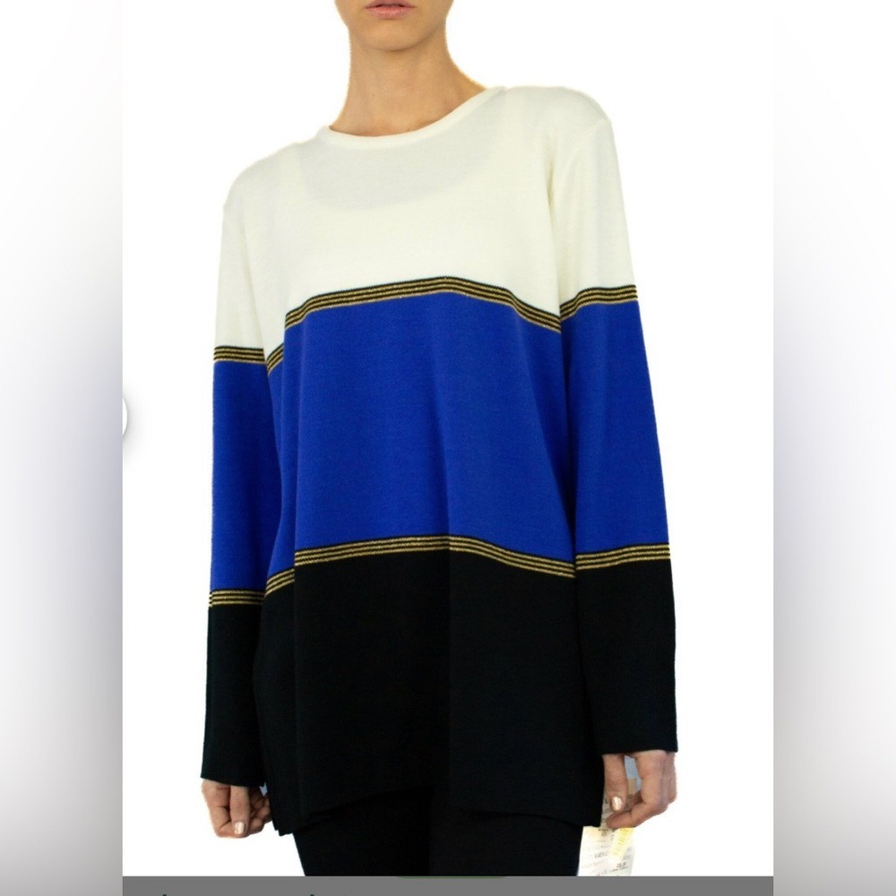 Karen Lessly Women Sweater L Cream and Blue Oversized Boxy Sweatshirt Acrylic VG