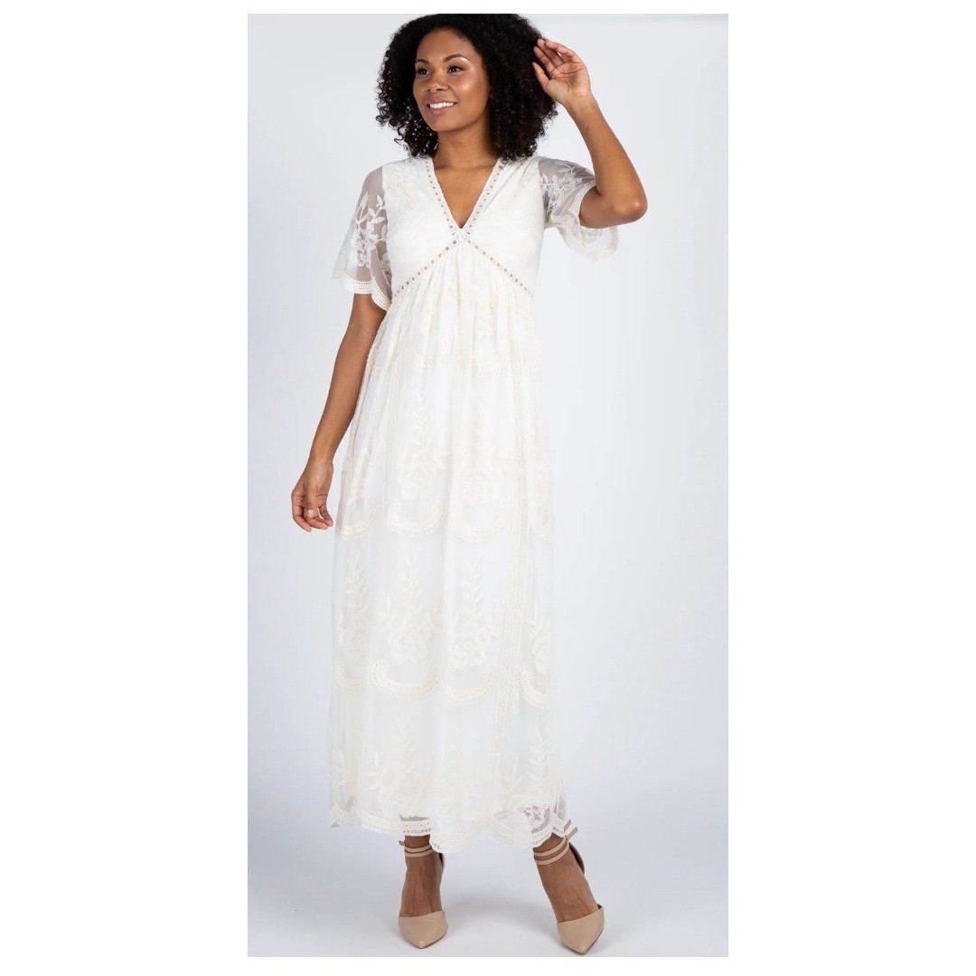 PinkBlush White/Cream Lace Mesh Overlay Maxi Maternity Dress Size Small Like New