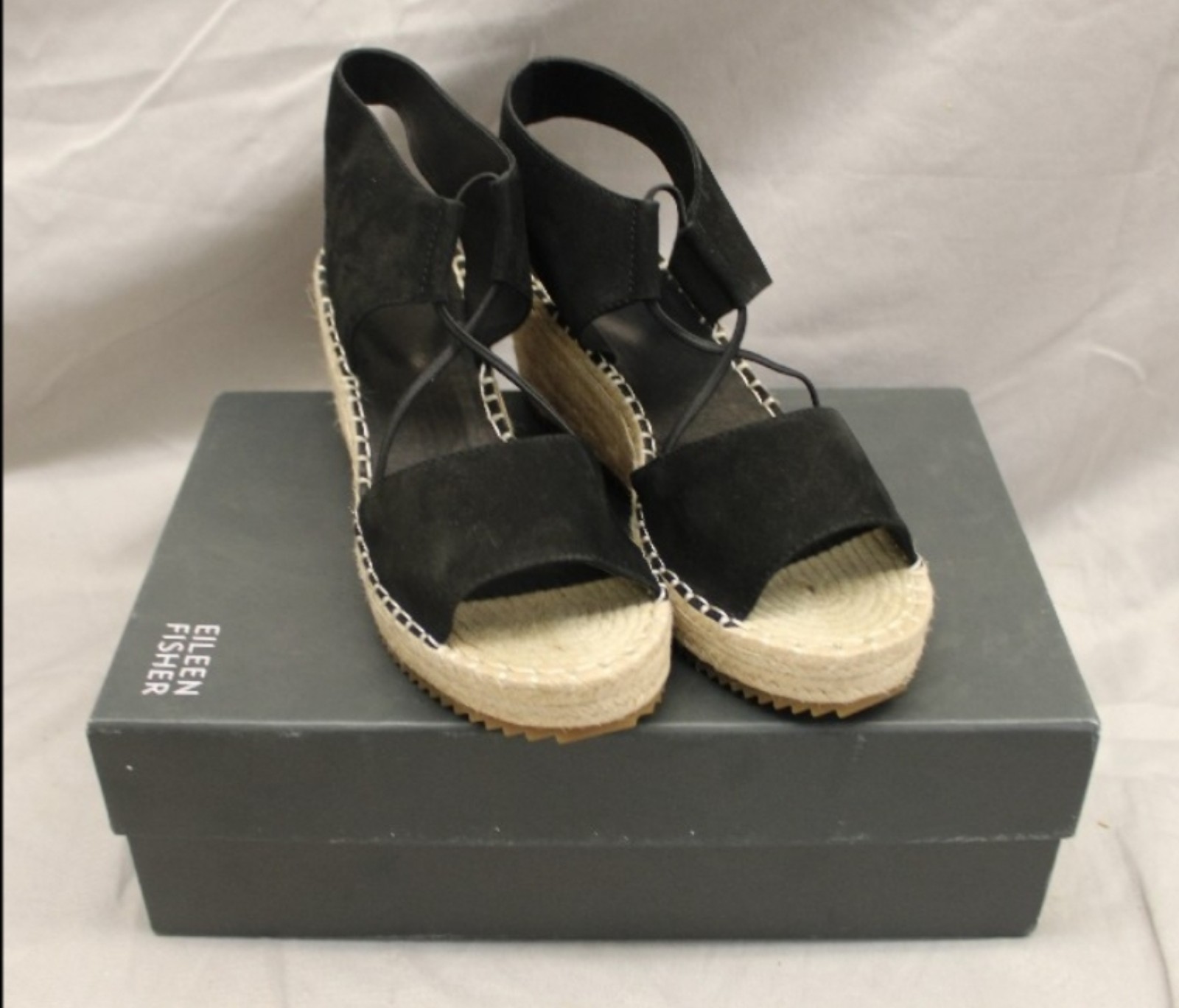 New Women's Size 9 Eileen Fisher Black Tumbled Nubuck Wedge Sandals with Box
