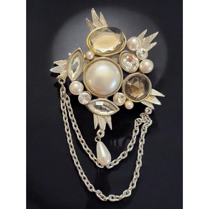 Vintage Silver-Tone Brooch Faux Pearl Rhinestone Chain Dangle Statement Pin