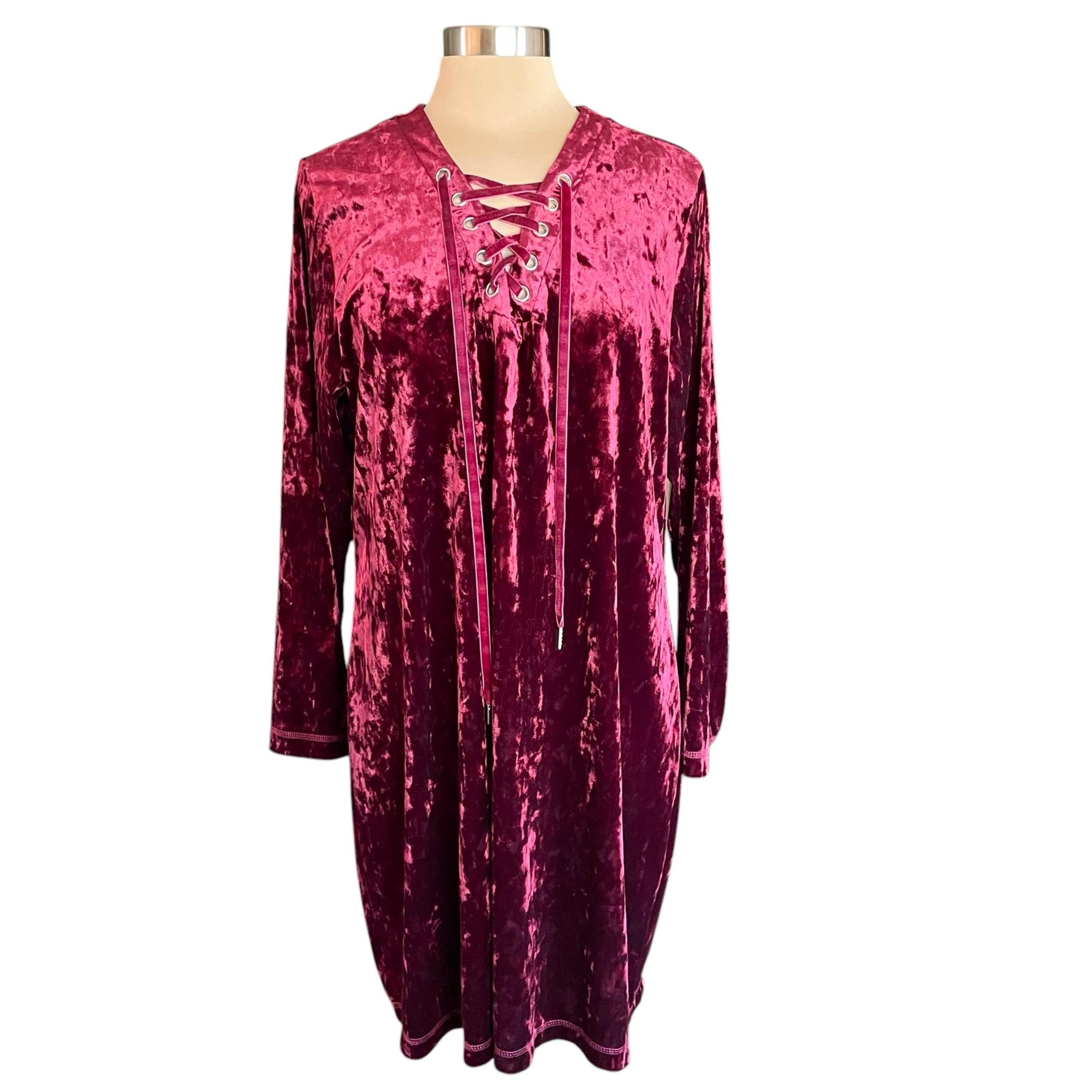 City Streets Burgundy Velvet Shift Dress Laced Neck Sz 1X Whimsygoth Valentines