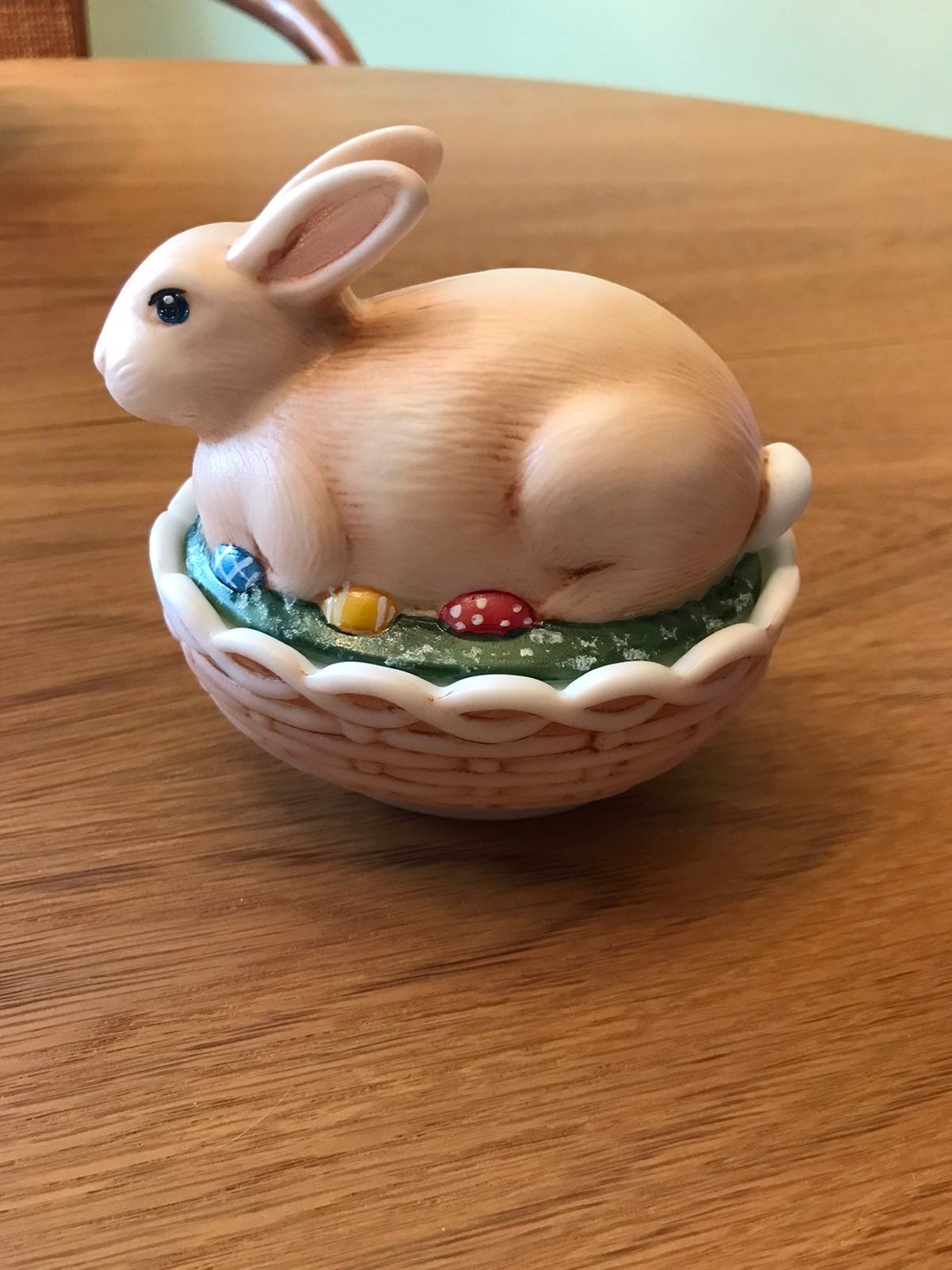 Hand painted glass bunny on basket