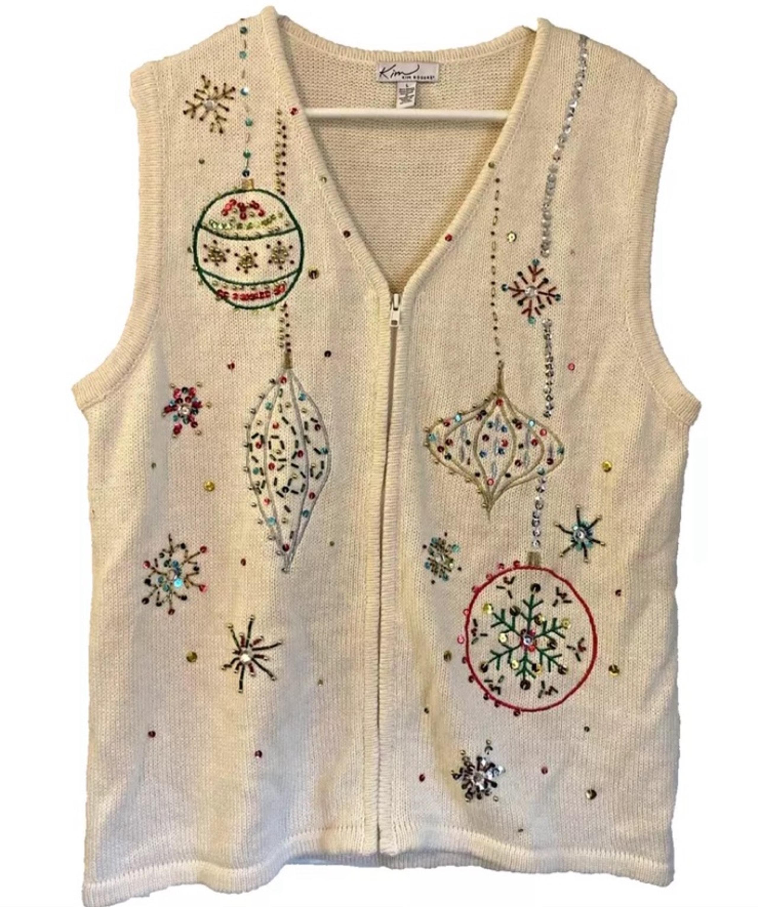 Kim Rogers beaded embroidered knit ramie Christmas ornament sweater vest size L