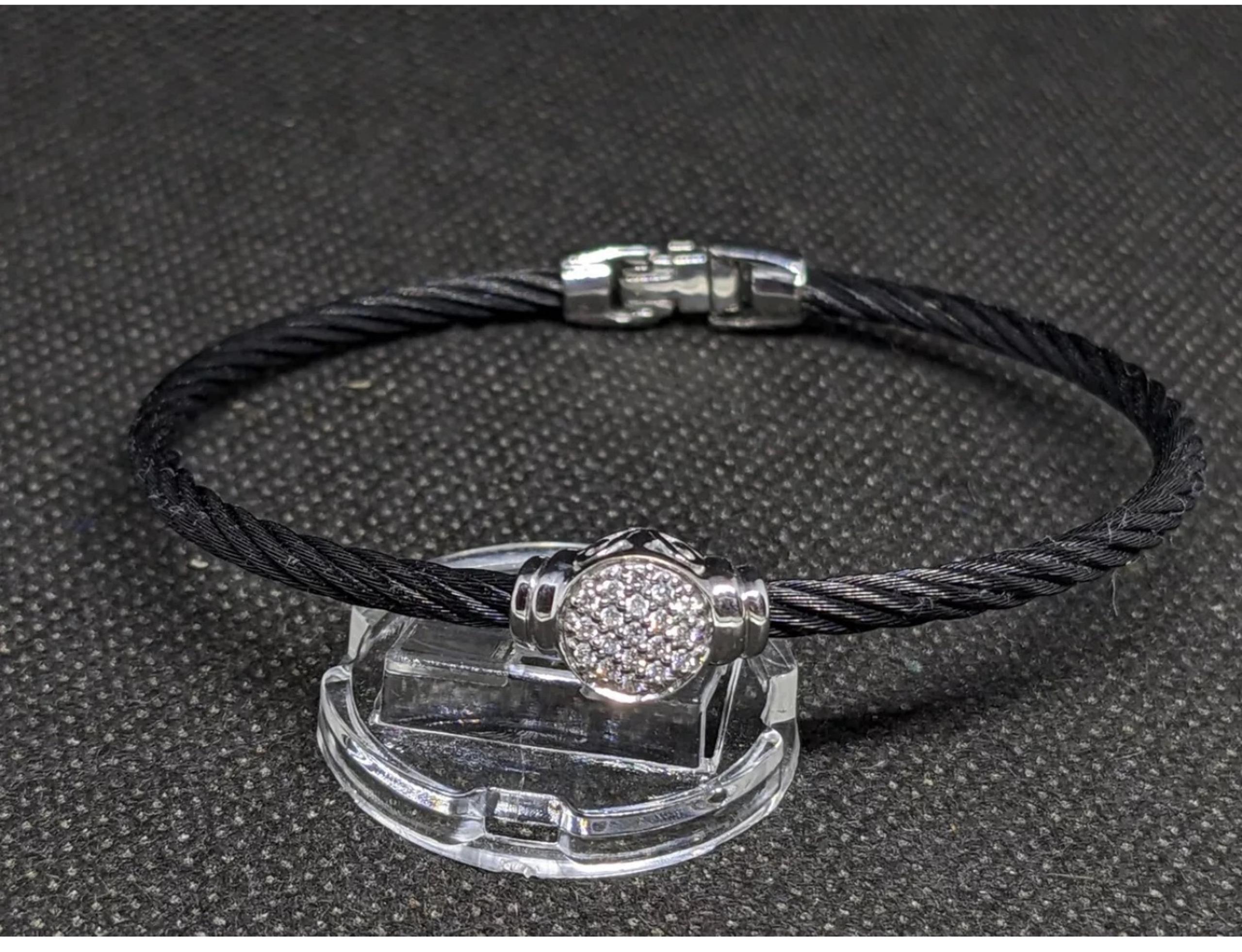 ALOR  18K White Gold Round Pave Diamond Black SS Cable Bracelet