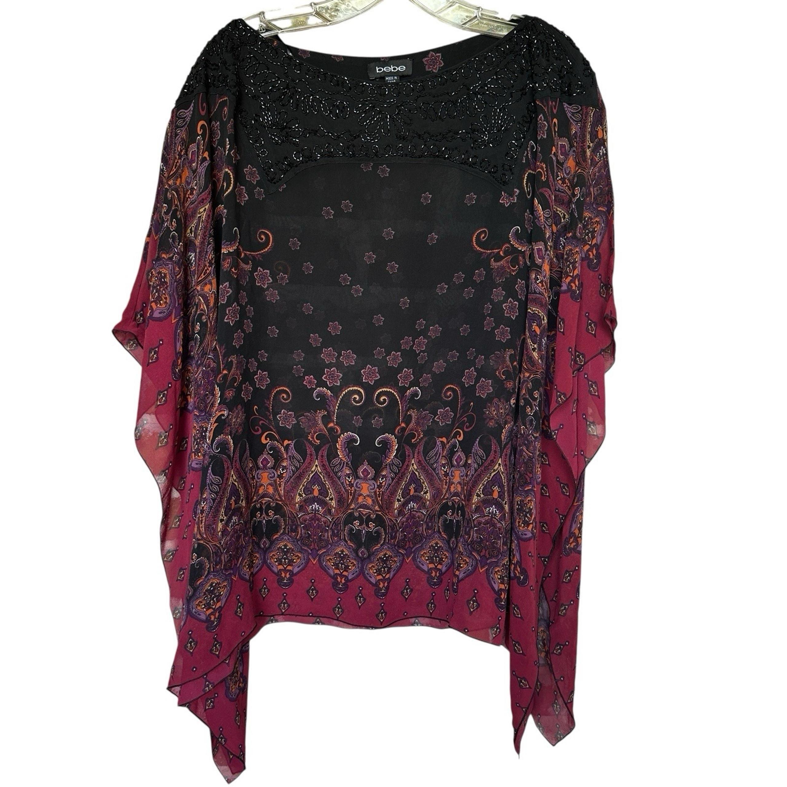 VTG Bebe 100% Silk Oversized Top M / L Kimono Sleeve Beads Accent Red Black Y2K