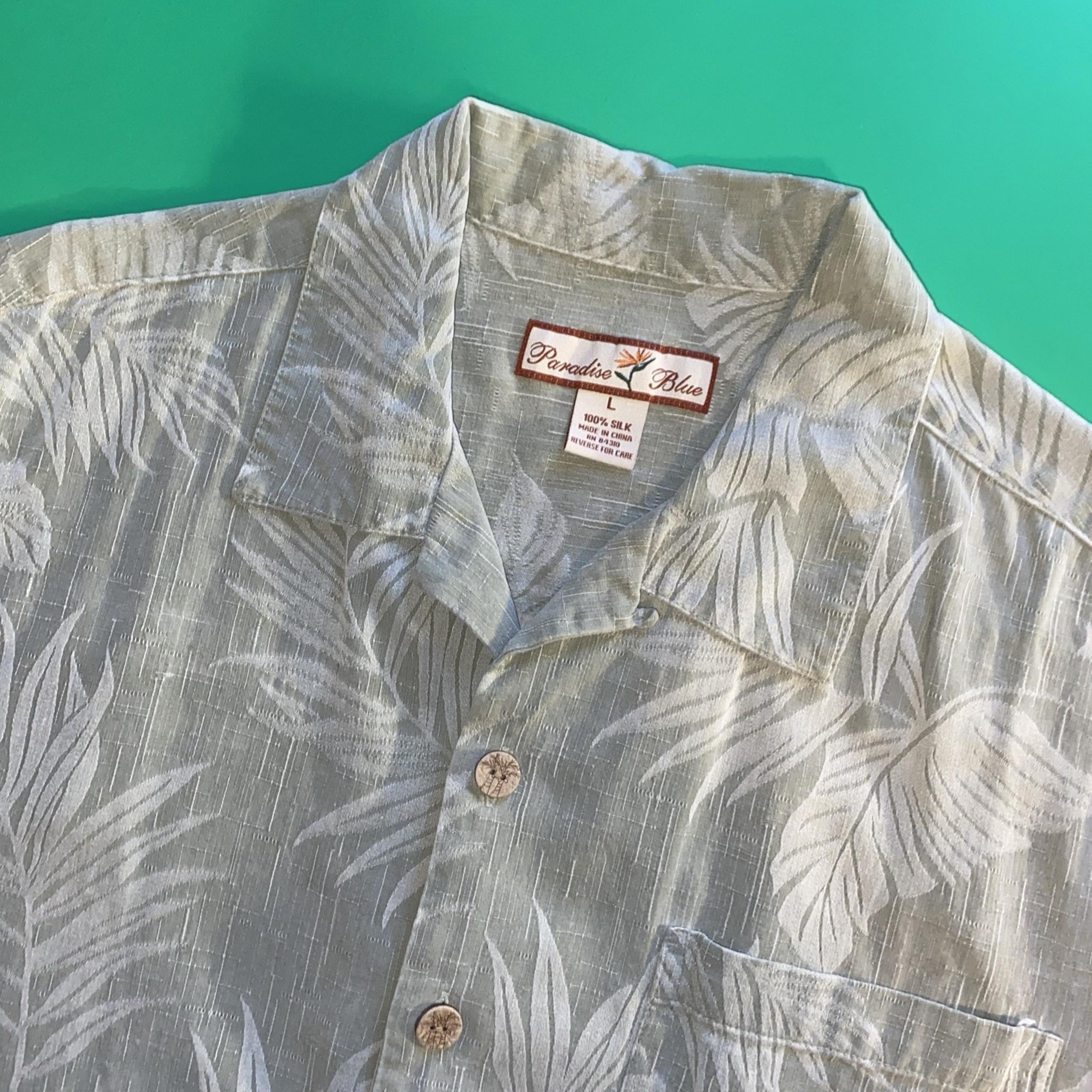 Paradise Blue Hawaiian Shirt Mens Large Tropical Pattern 100% Silk Short Sleeve
