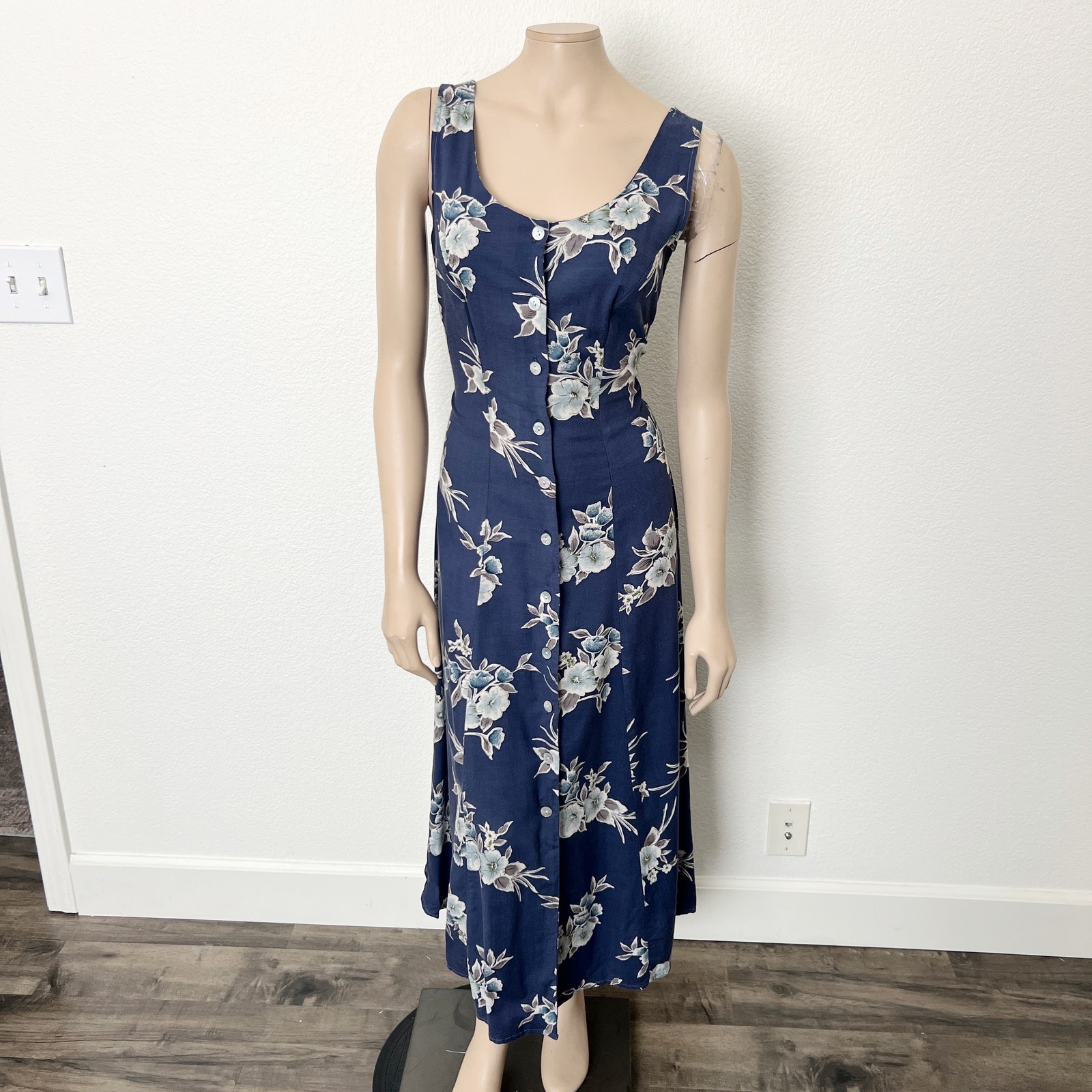 Vintage 90s Ultimate Blues Sz Medium M Floral Print Button Front Midi Dress Y2K