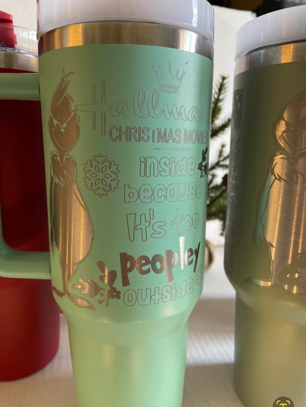 Laser engraved grinch 40 oz stanley dupe