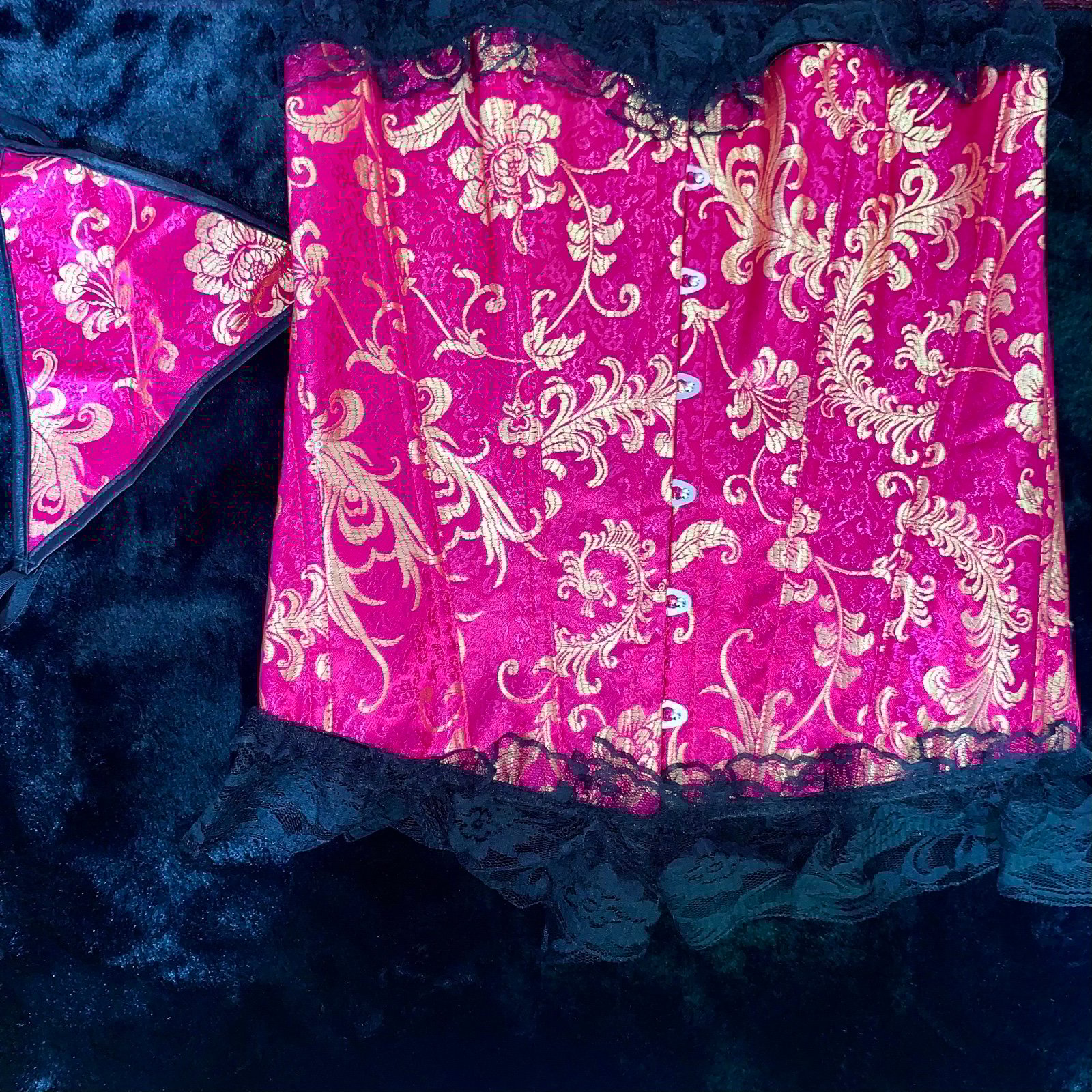 Women’s adjustable fuchsia gold black floral and lace embroidered corset Sz XL