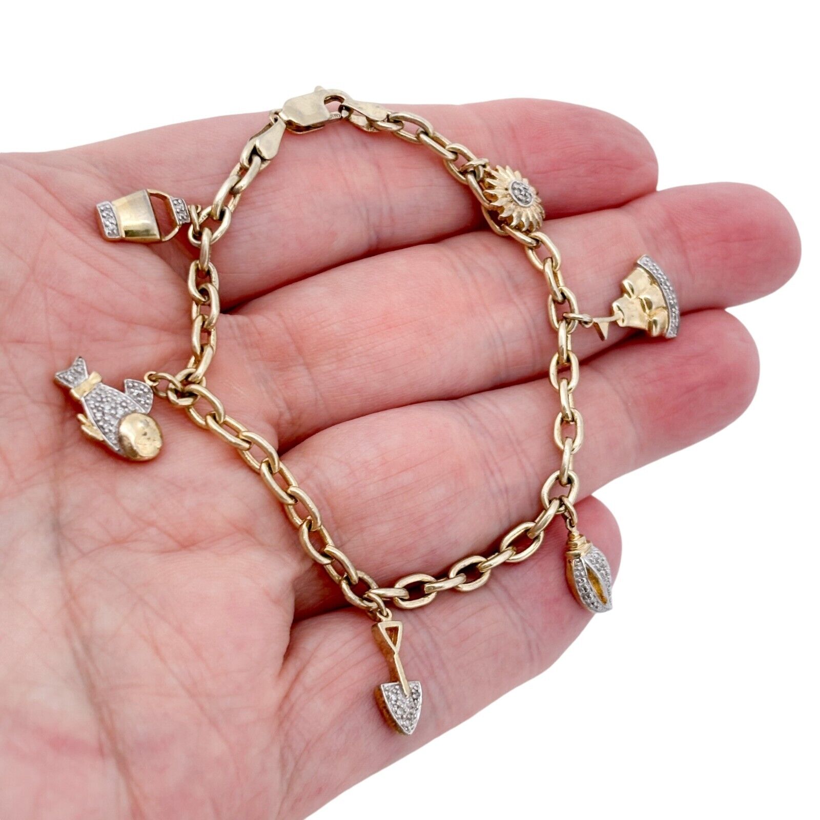 Vintage Sterling Silver 0.25ctw Diamond Accent Sea Ocean Beach Charm Bracelet 7 