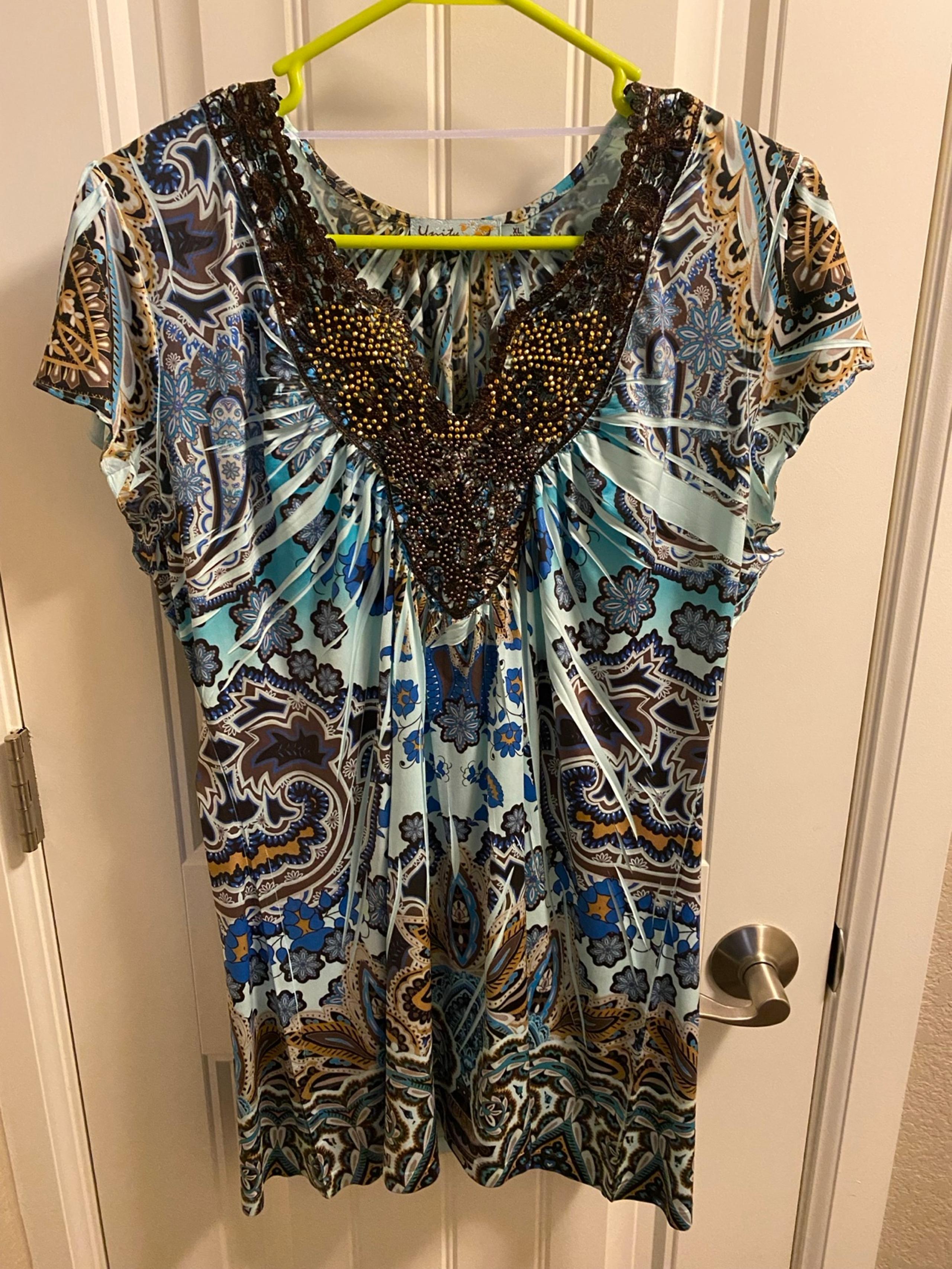 Unity World Wear XL Top Stretch Blouse Sublimation Blue Brown Shirt Lace Bling