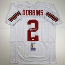 Autographed/Signed JK J.K. Dobbins Ohio State White Jersey JSA COA