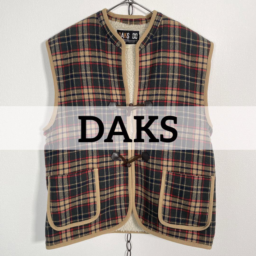 80s-90s Vintage DAKS Wool Vest with Fleece Lining, Tartan Check, Size L