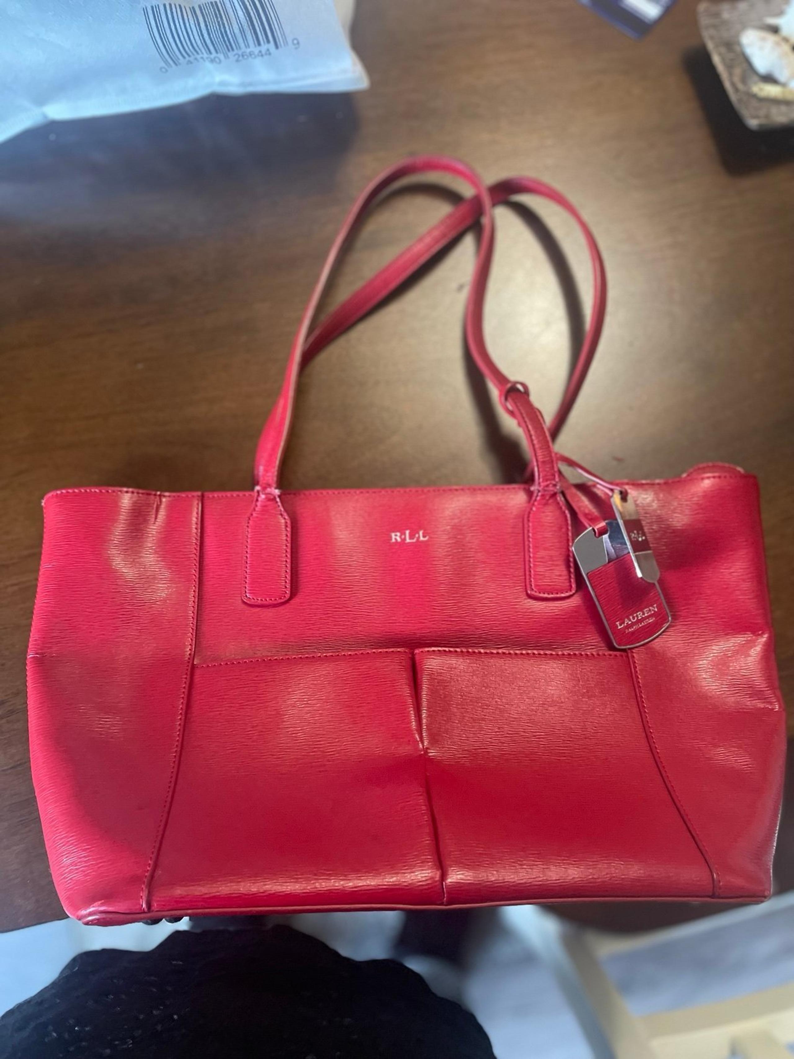 Lauren Ralph Lauren Newbury Tote Saffiano Leather Purse Red Pocketbook