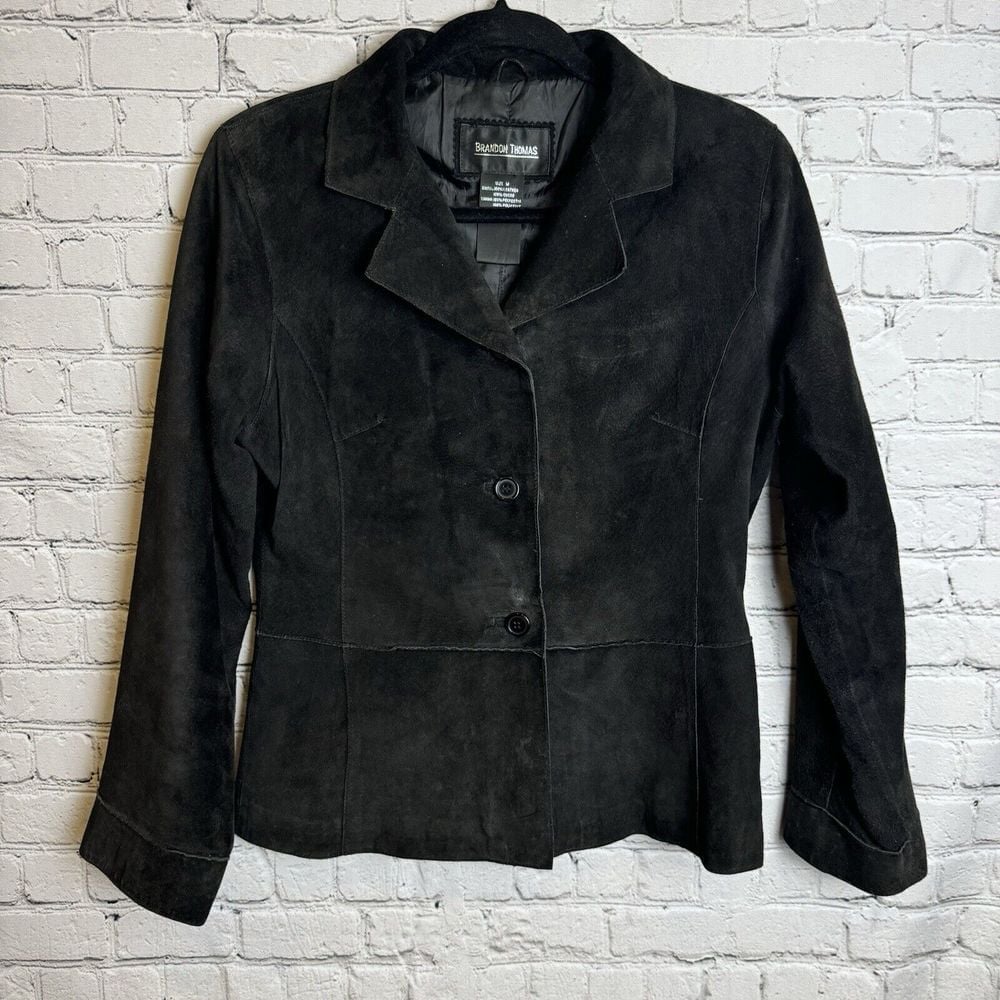 Brandon Thomas Black Suede Leather Button Down Jacket Size Medium Excellent