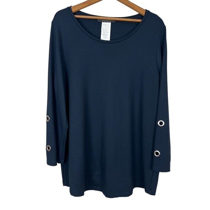 MARINA RINALDI Tunic Top Womens Large Navy Blue Grommet Long Sleeve Knit Blouse