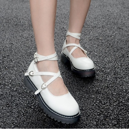 Cute Heart Lace Up Strap Shoes White