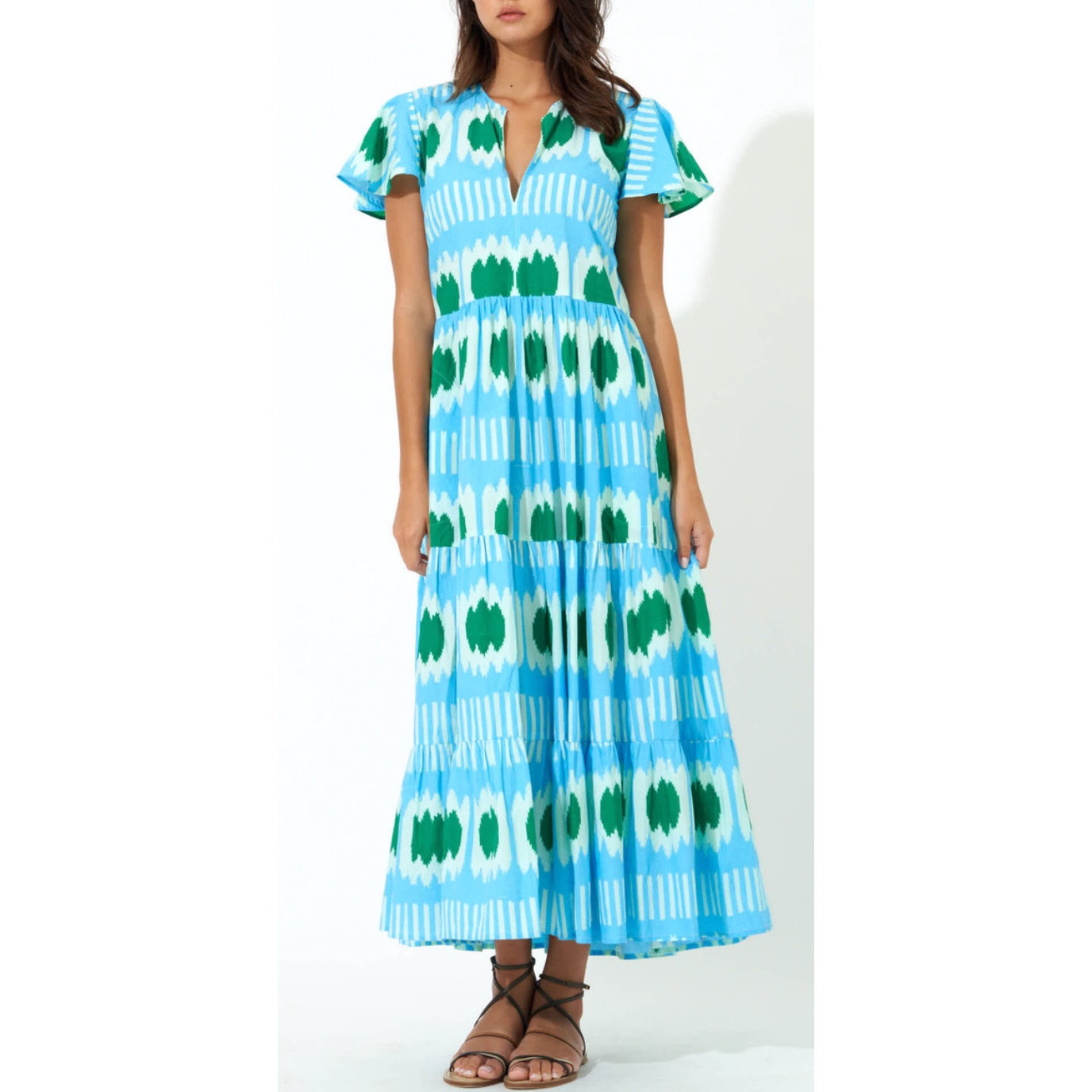 Oliphant V-Neck Maxi Midi Flutter Sleeve Dress Ikat Blue Green Tuckernuck Cotton