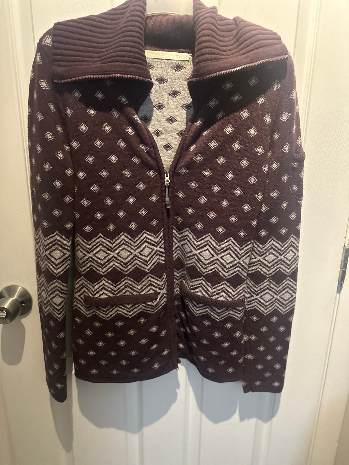 Athleta Teton Full Zip Sweater Jacket BROWN Burgundy /TAN Nordic Wool Size M