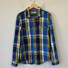 OUTERKNOWN Blanket Shirt Blue Yellow Plaid Button Up Long Sleeve Western