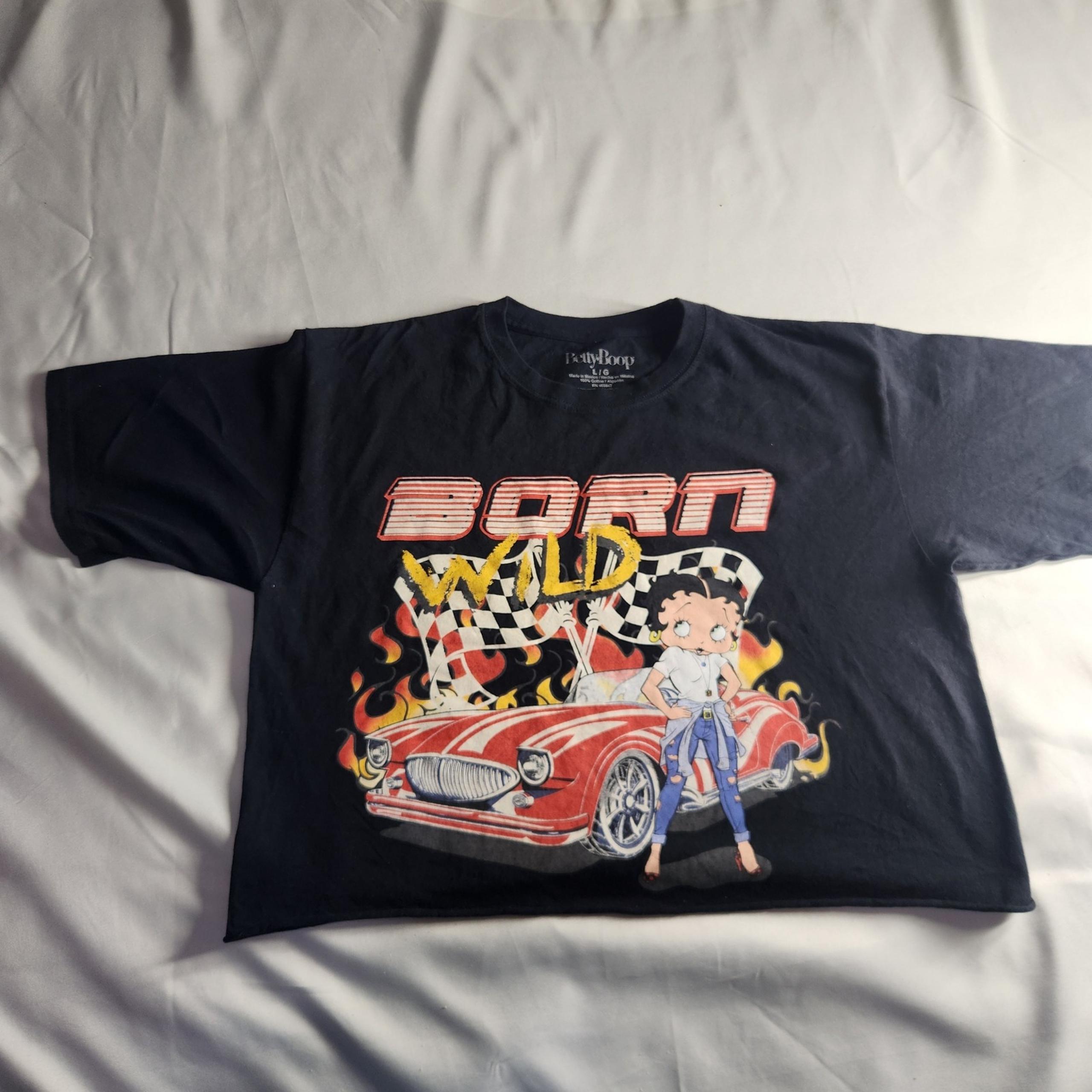Betty Boop shirt women Tee Born Wild Racing Car Cropped  L/G