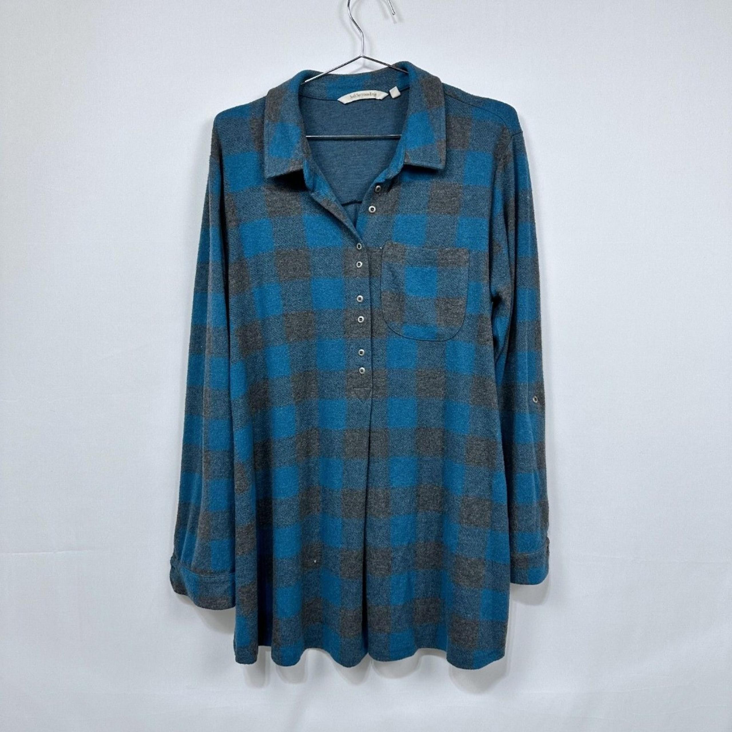 SOFT SURROUNDINGS Flannel Mad About Plaid Tunic Buffalo Teal Grey Large