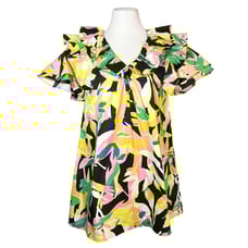 Crosby Isla Colorful Ruffle Short Sleeve V Neck Dress Exotic Tropics Print XS