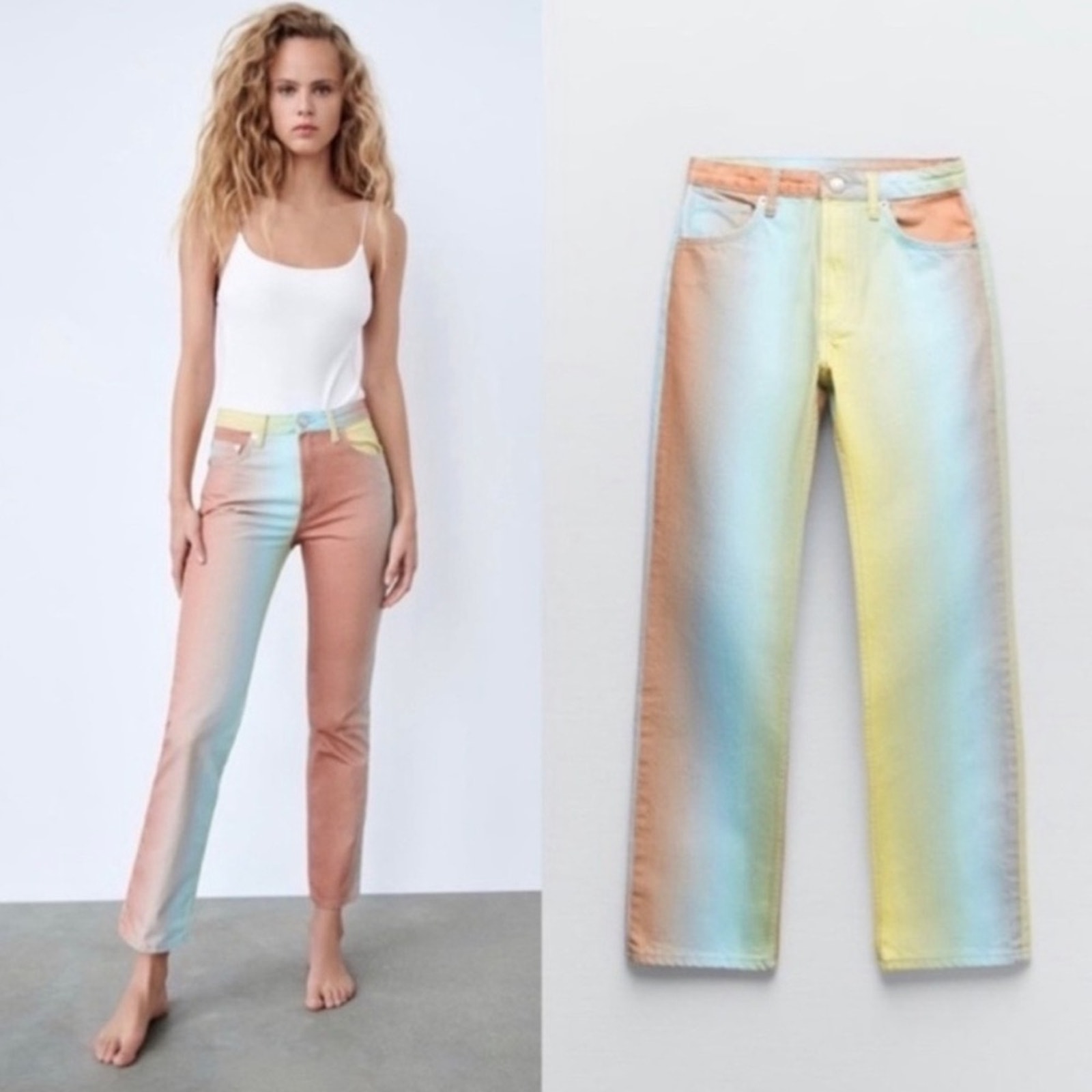 Zara Blogger Fav Rainbow Ombré Straight Leg Mide Rise Jeans Sz 6