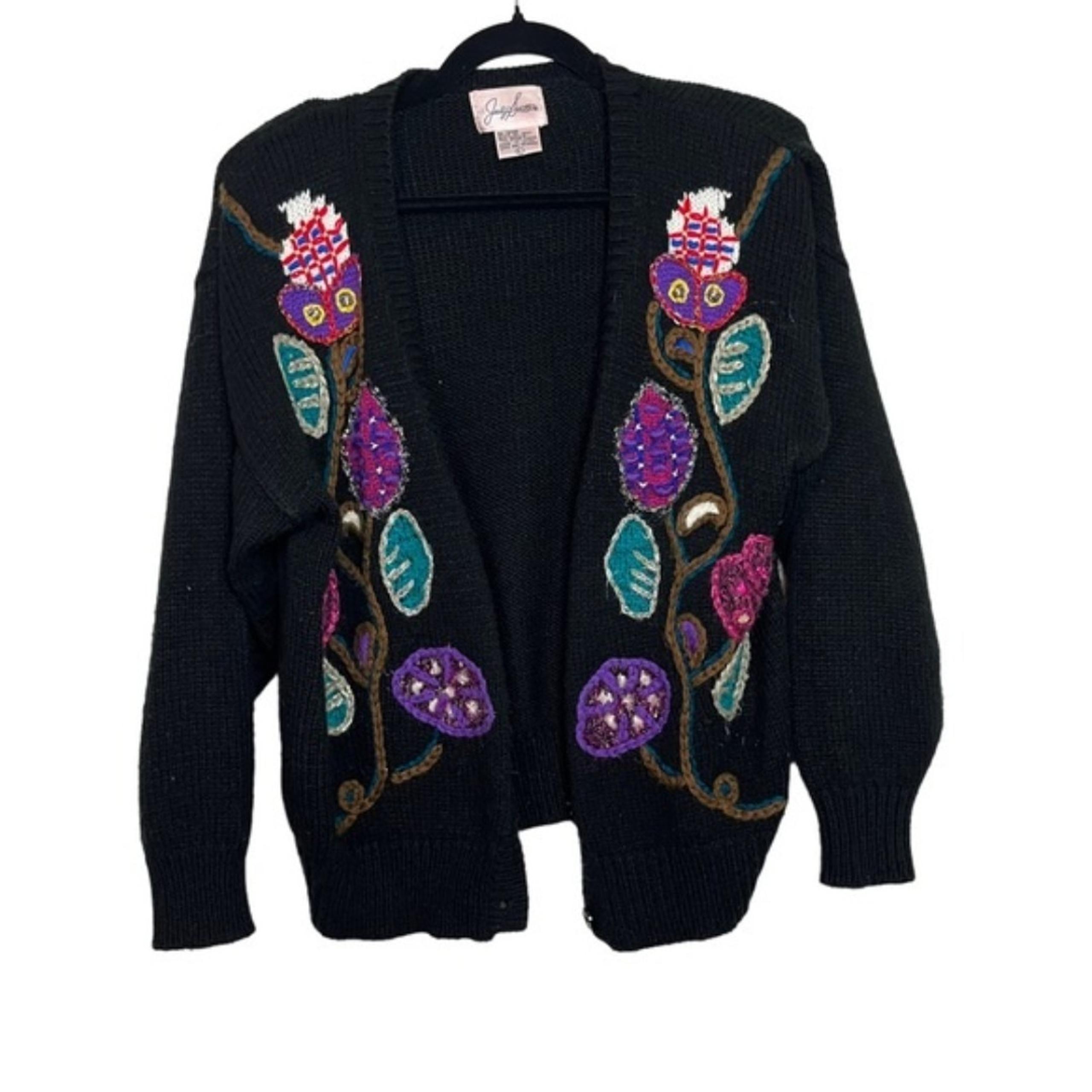 Vintage Jaclyn Smith Black Embroidered Knit Cardigan Size L Women