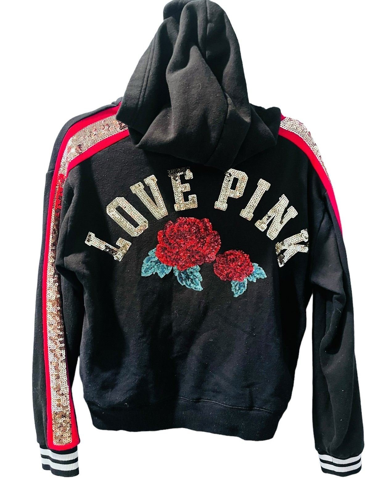 Victoria Secret LOVE PINK Sequin Floral Long Sleeve Hooded Jacket Size XS