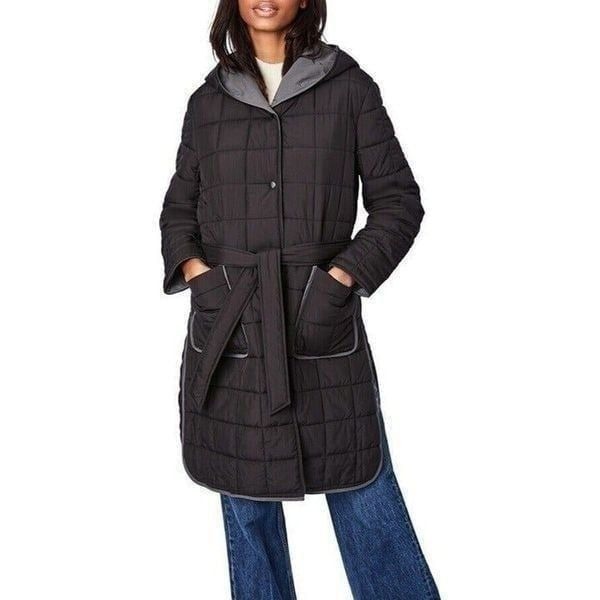 Bernardo Quilted Reversible Belted Coat Womens Medium Black Gray