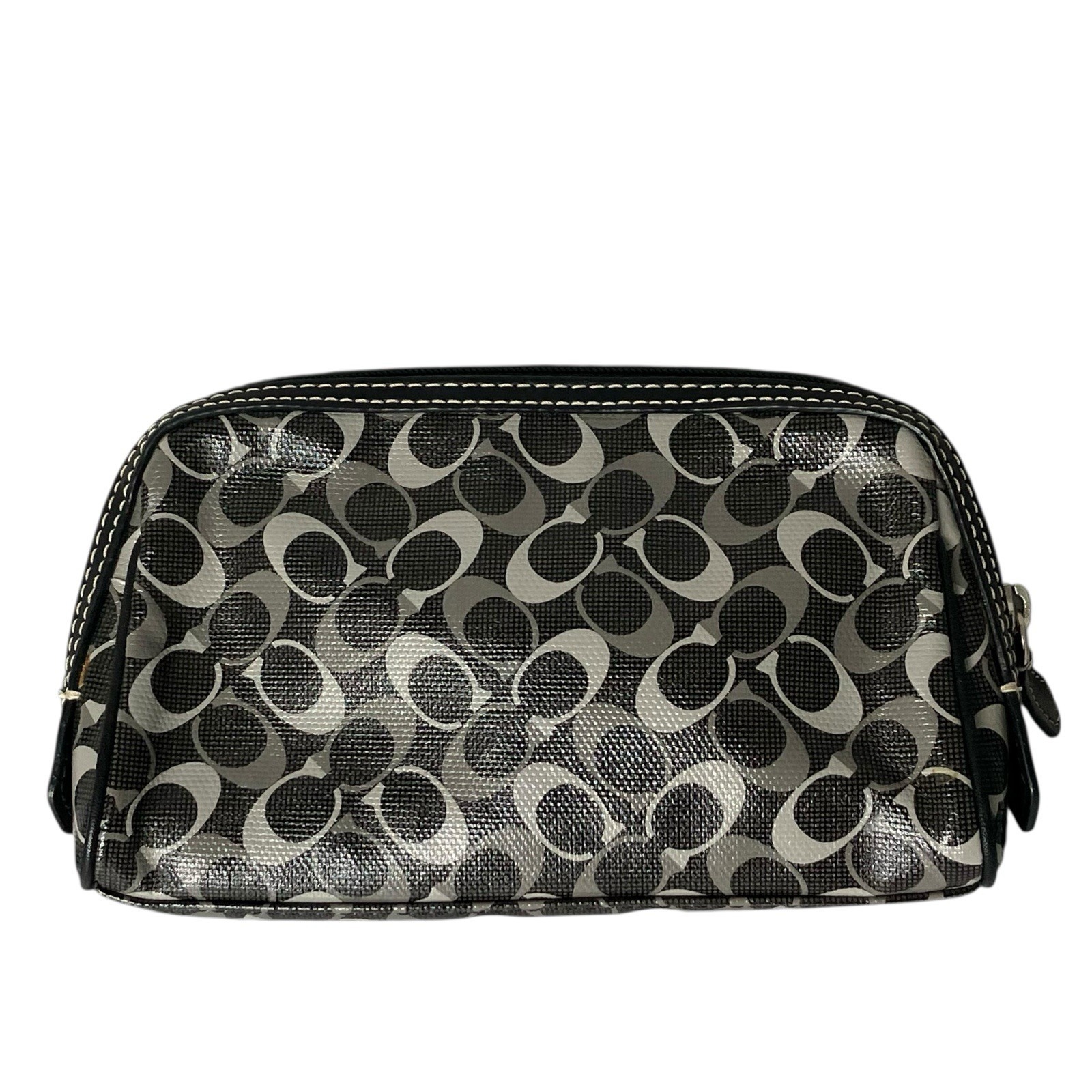 COACH Signature PVC Small Cosmetic Make Up Bag Silver Black Grey 7 X 4
