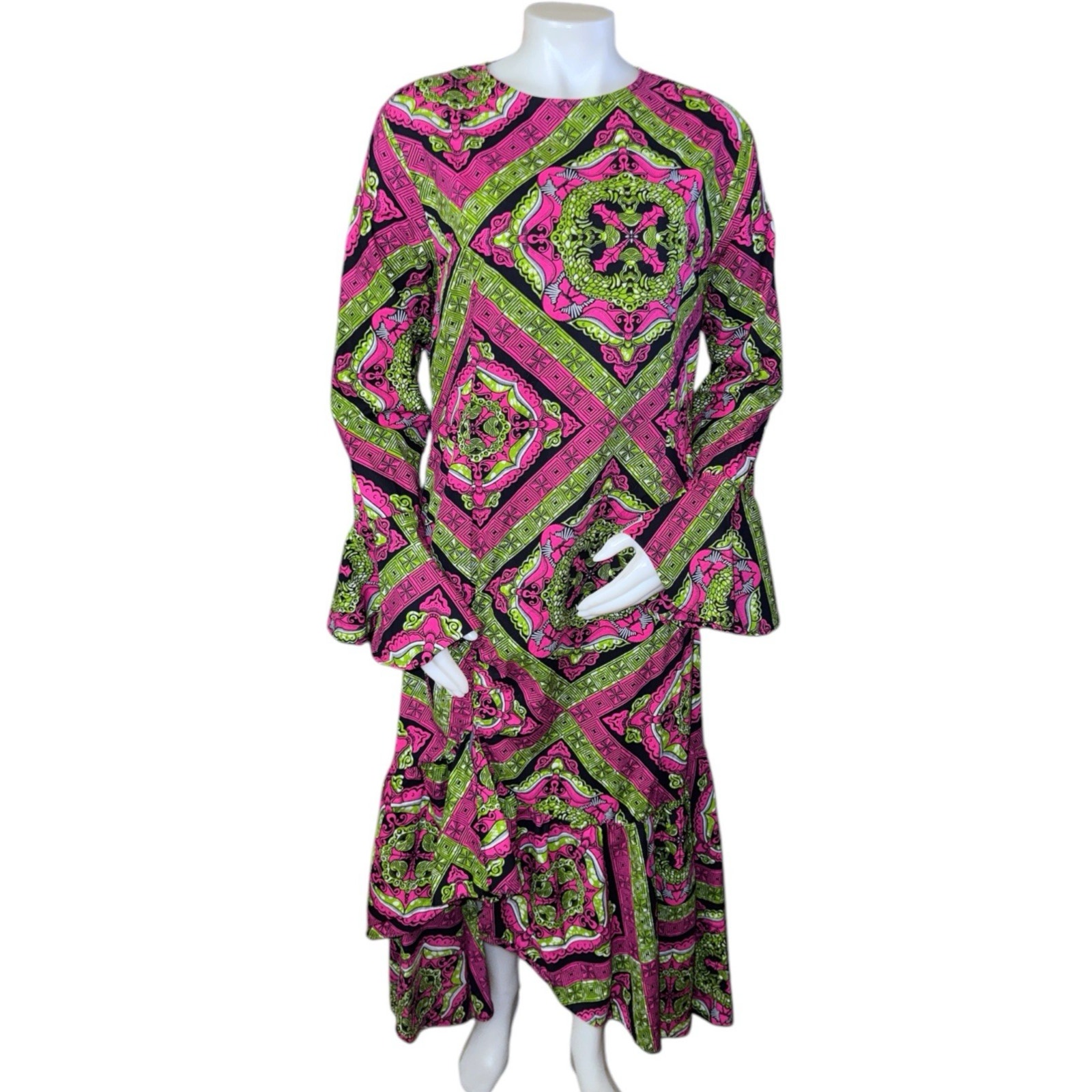 OFUURE Pink Green African Print Colorful Maxi Dress Bell Sleeve Women’s Size XL