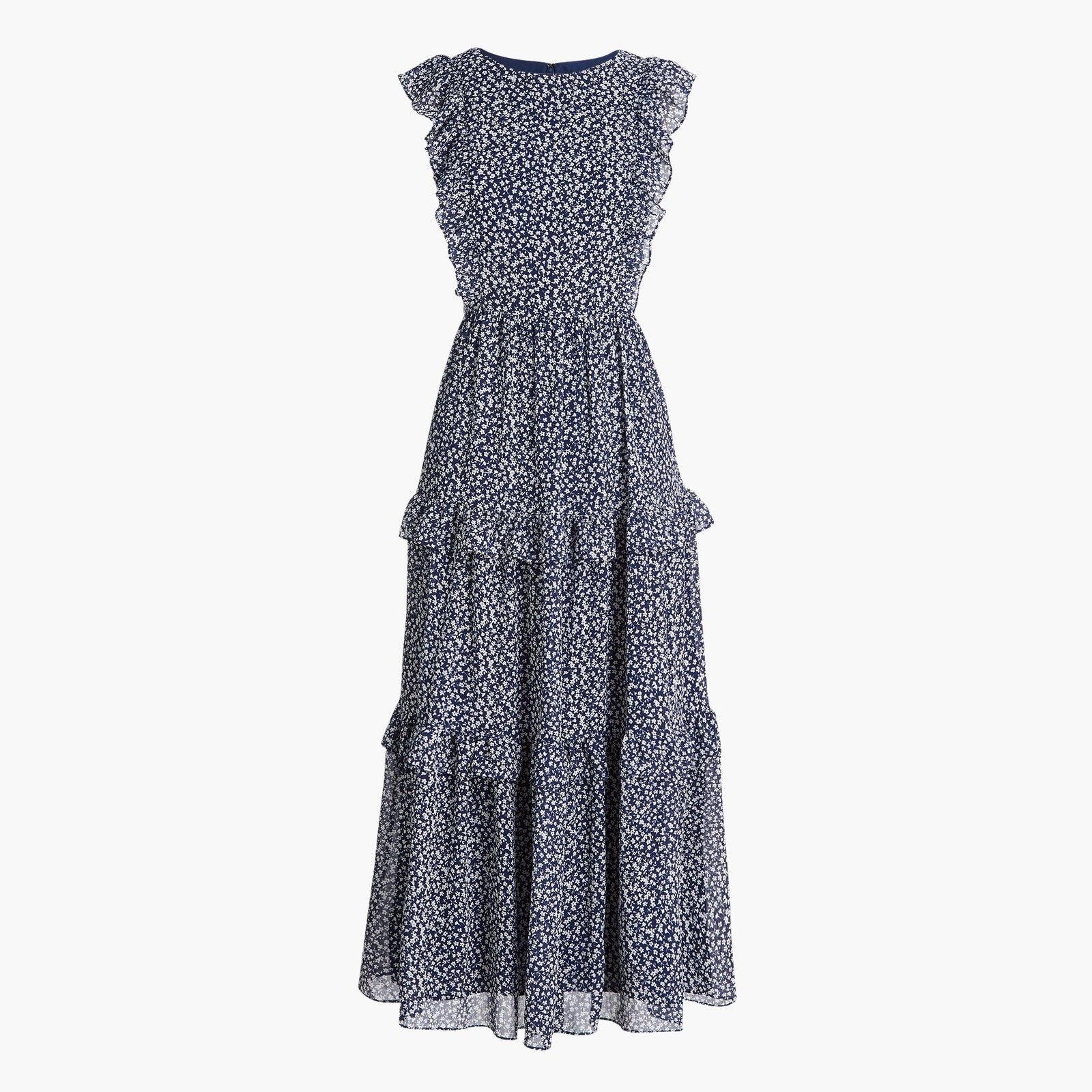 J Crew Tiered Ruffle Maxi Dress Floral Navy