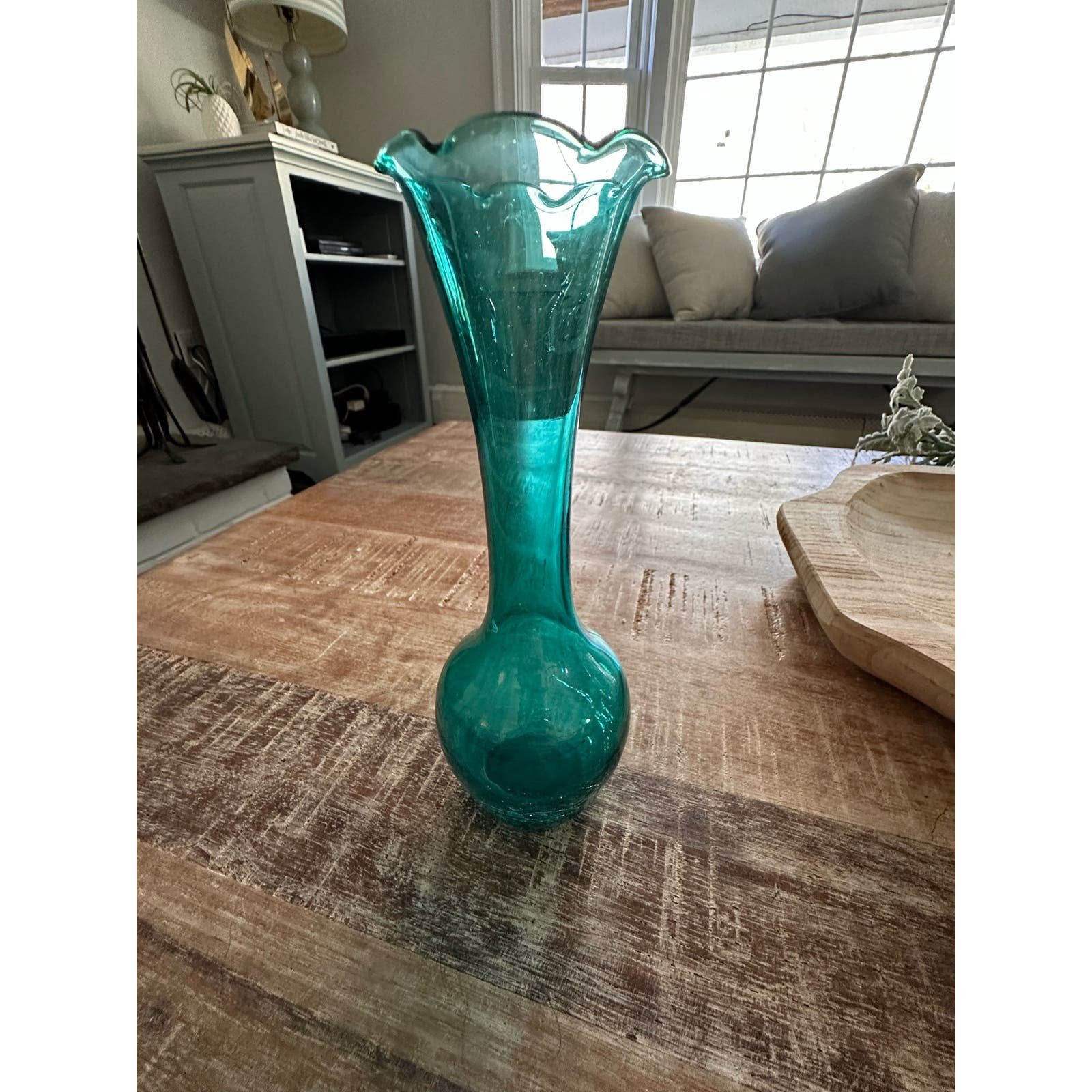 Beautiful vintage small teal vase with crackled glass at bottom