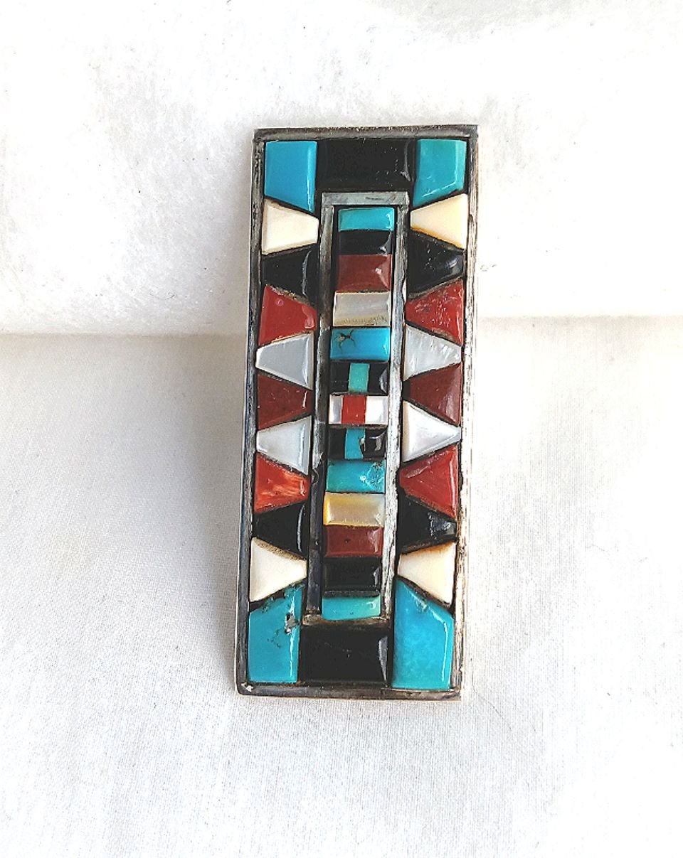 Cobblestone Inlay Turquoise Coral MOP Jet Long Sterling Silver 925 Ring