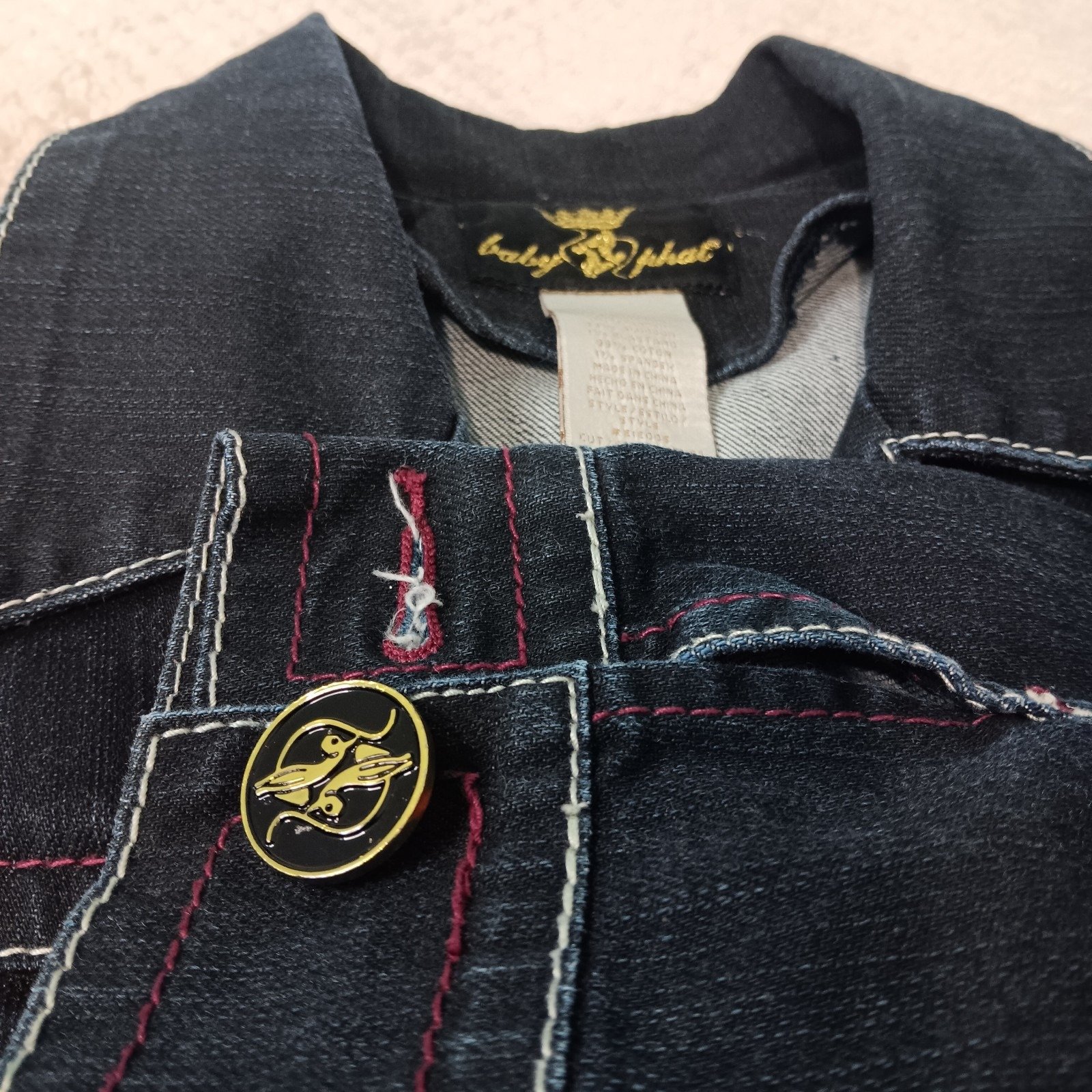 VTG Y2K Baby Phat Dark Denim Jacket Studded Faith Hip Hop Streetwear 1X Read