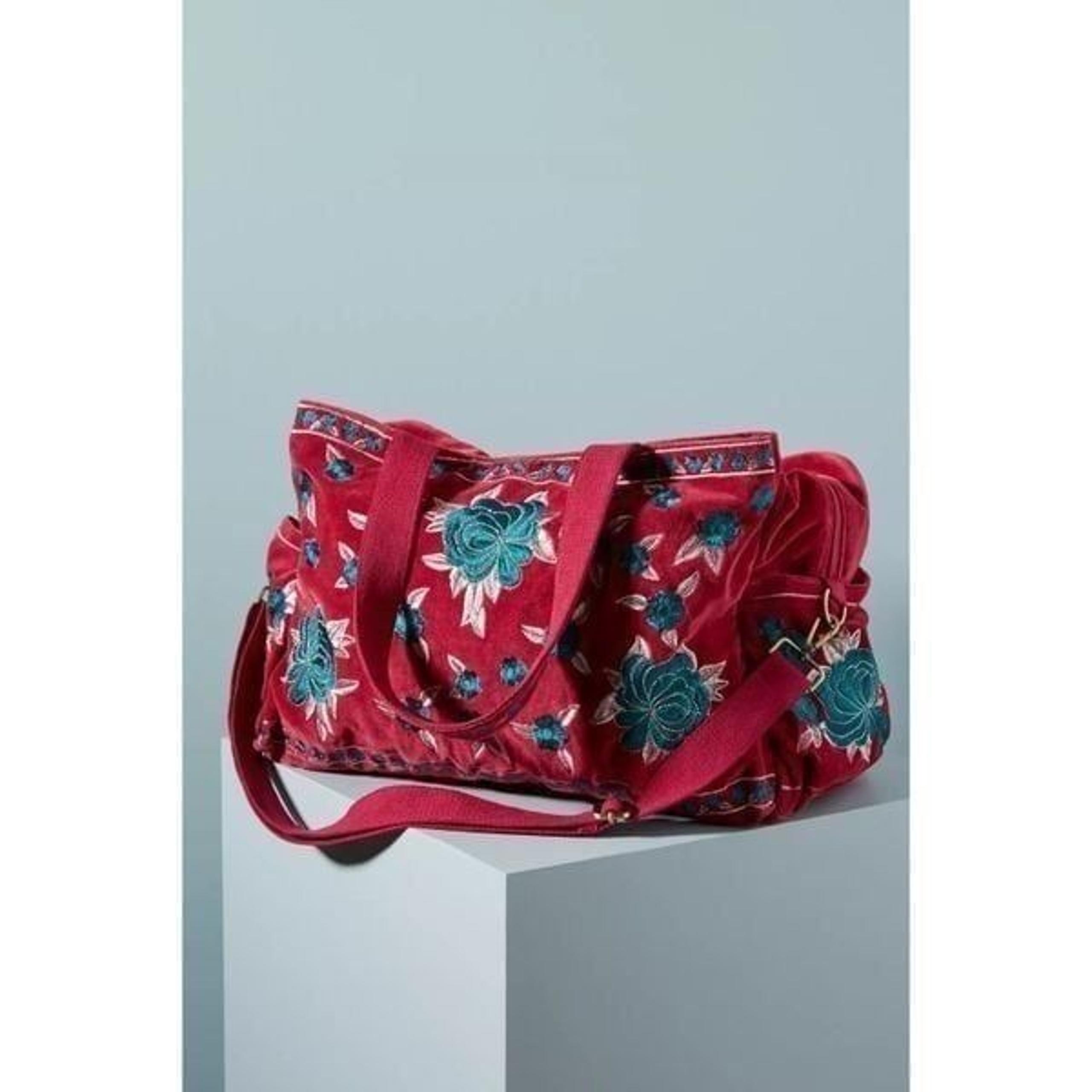 Anthropologie Floral Velvet Weekender Bag Pink Blue Embroidered NEW