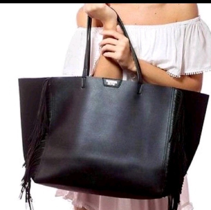 Victoria Secret Black Tassled Tote, Extra Roomy! Black w/ gold logo.