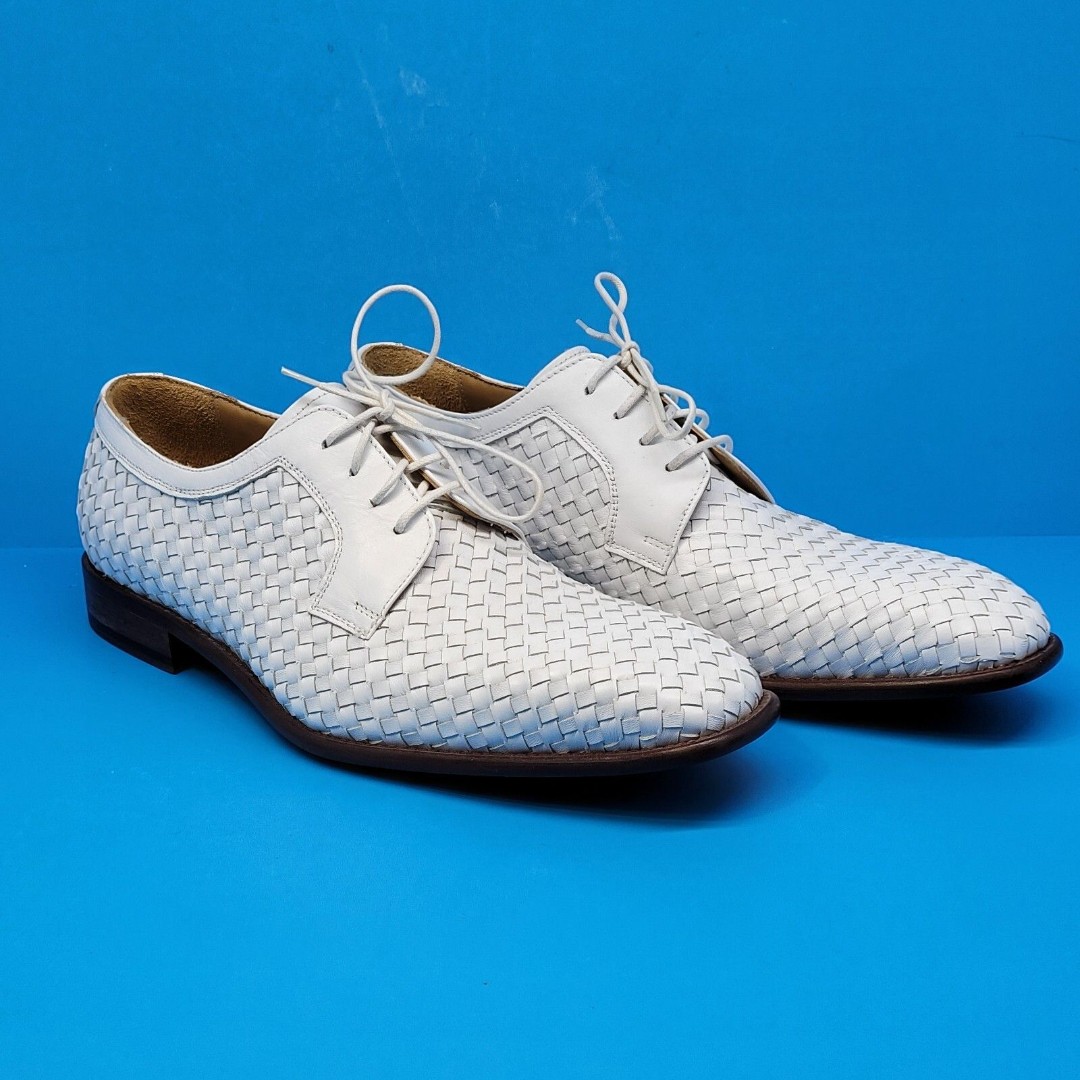 Paul Fredrick FPK 115D Mens White Leather Woven Derbys US 10 M Made In Italy EUC
