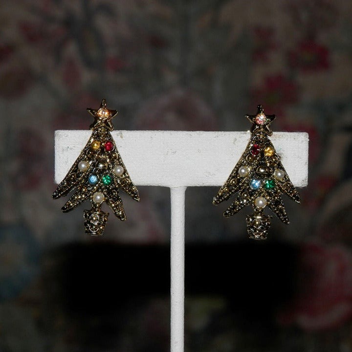 Vintage Pearl and Rhinestone Gold Tone Christmas Tree Earrings