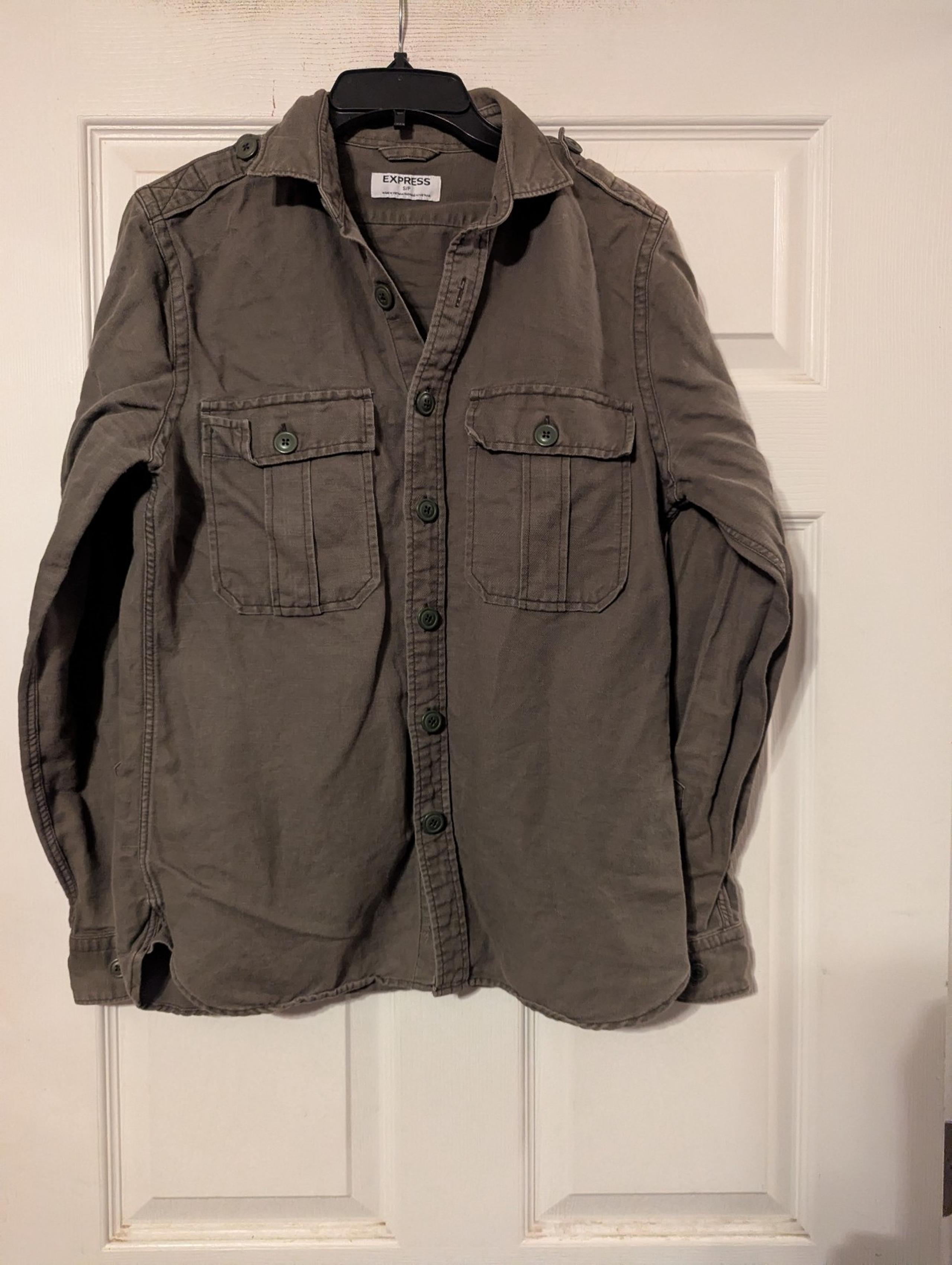 Express button down olive green jean shirt size small.