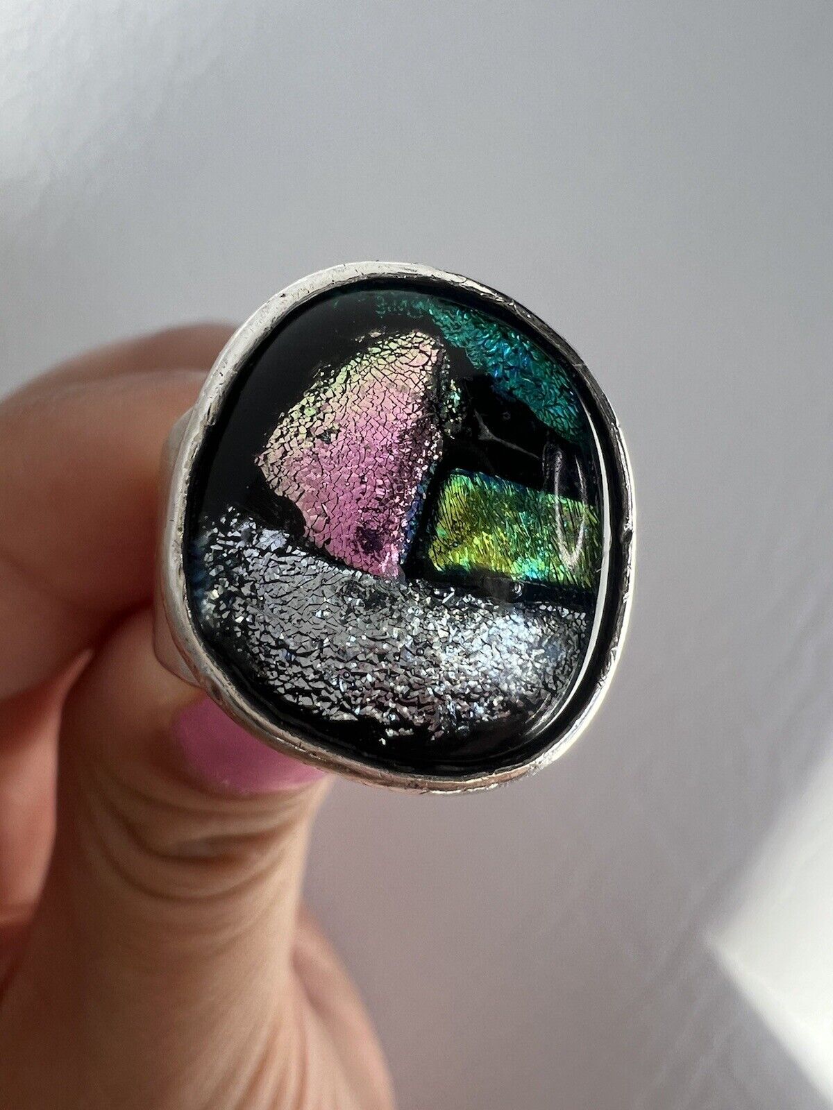 Beautiful Multicolor Dichroic Glass 925 Sterling Silver Ring Sz 7